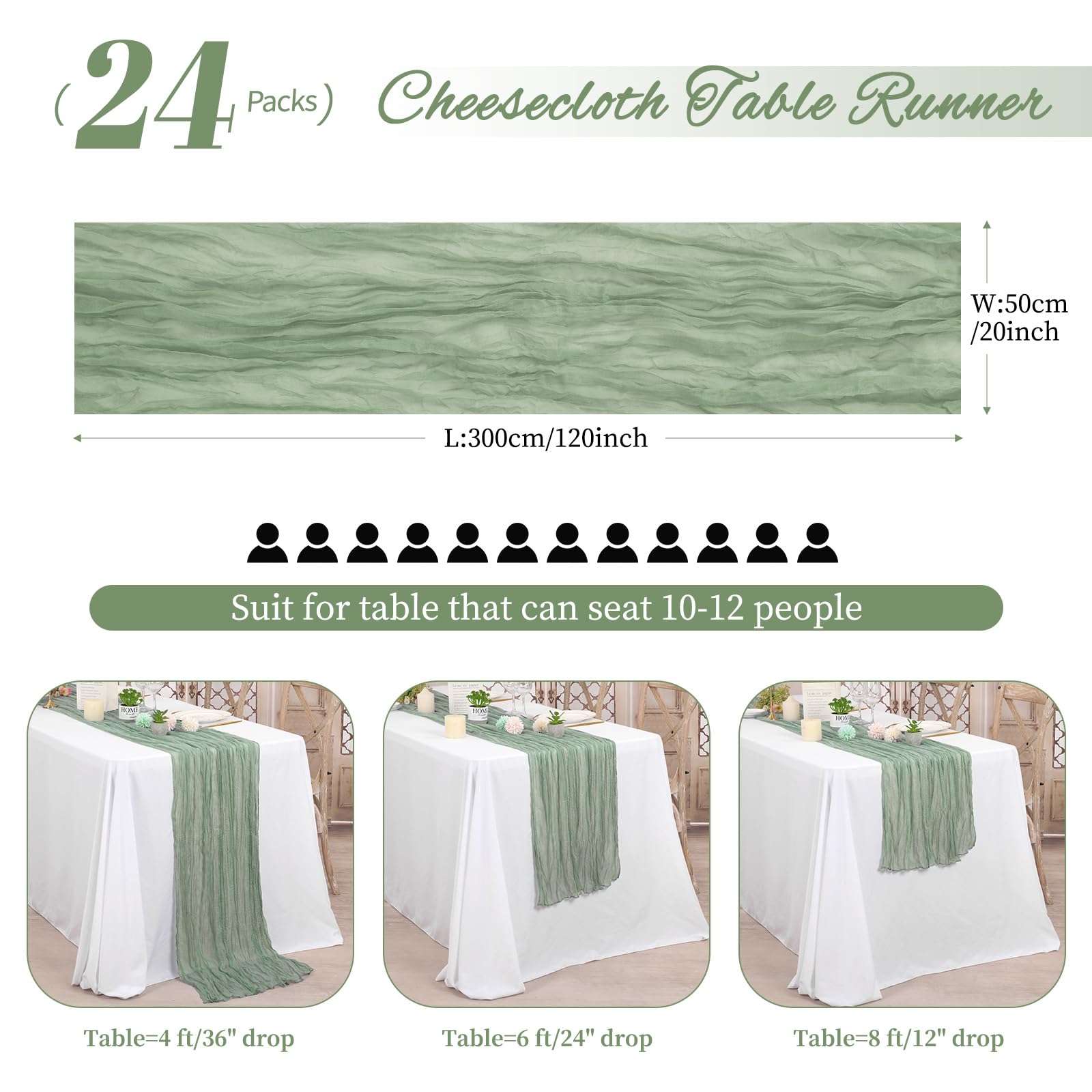 Paquete de 24 caminos de mesa de gasa de 10 pies de largo, salvia, rústico, bohemio, para boda, 21.5 x 120 pulgadas para bodas, despedidas de soltera, fiestas, decoración de banquetes (verde salvia)