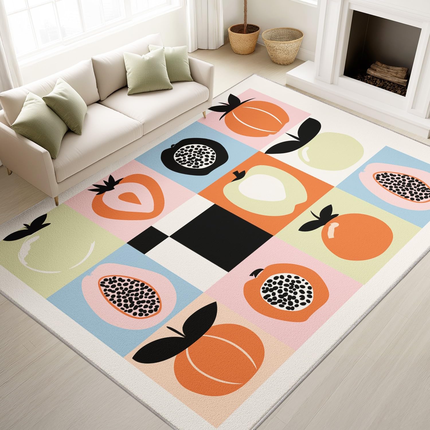 Generisch Alfombra moderna y animada, diseño de frutas a cuadros, 160 x 230 cm, antideslizante, sin pelusas, multicolor, para dormitorio, lavable a máquina