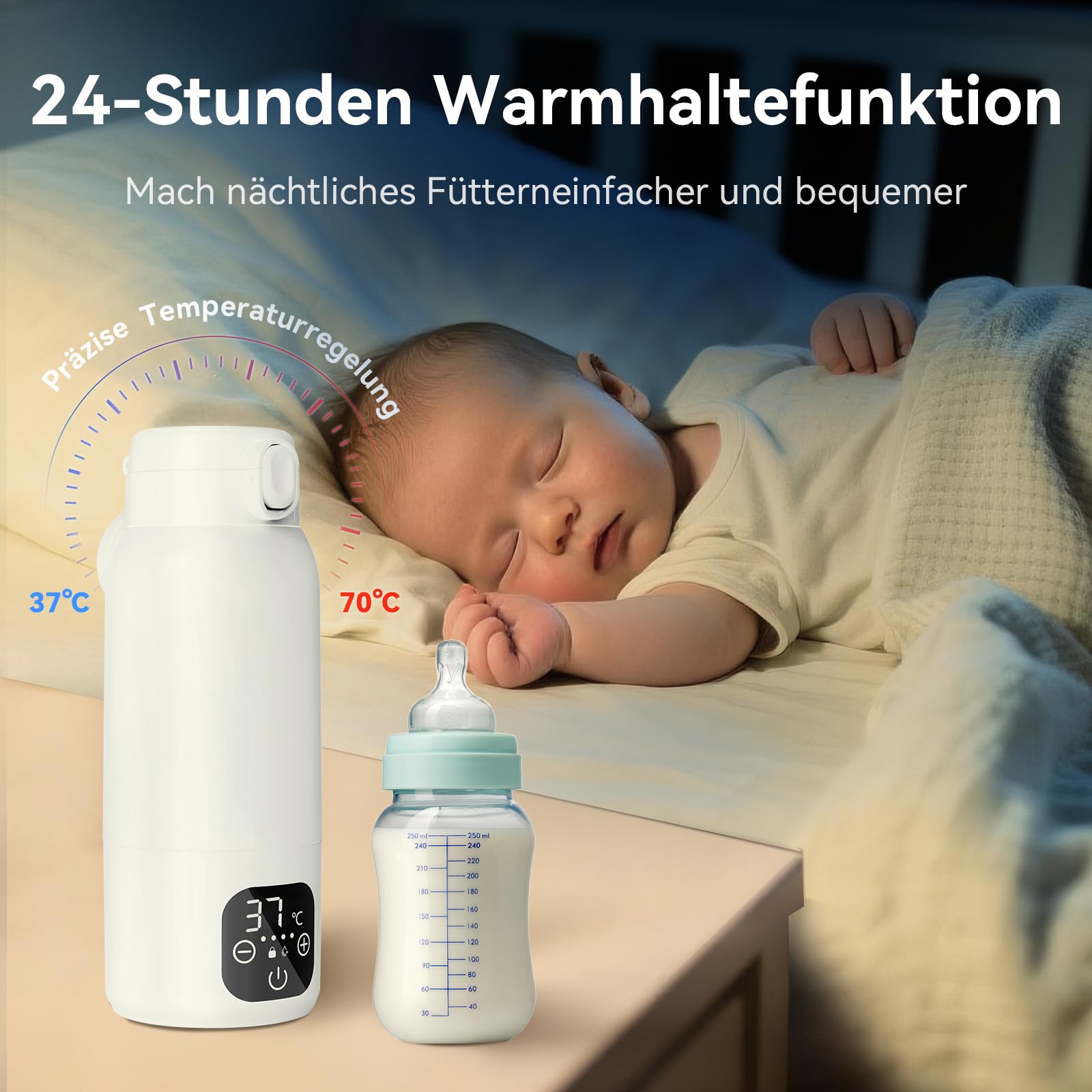 Tragbarer Babyflaschenwärmer für unterwegs – 500ml 316L Edelstahl, 3 Min Schnellheizung & Pasteurisation, 24h Dual-Temperatur (±1℃) für Muttermilch/Pre-Nahrung/Wasser
