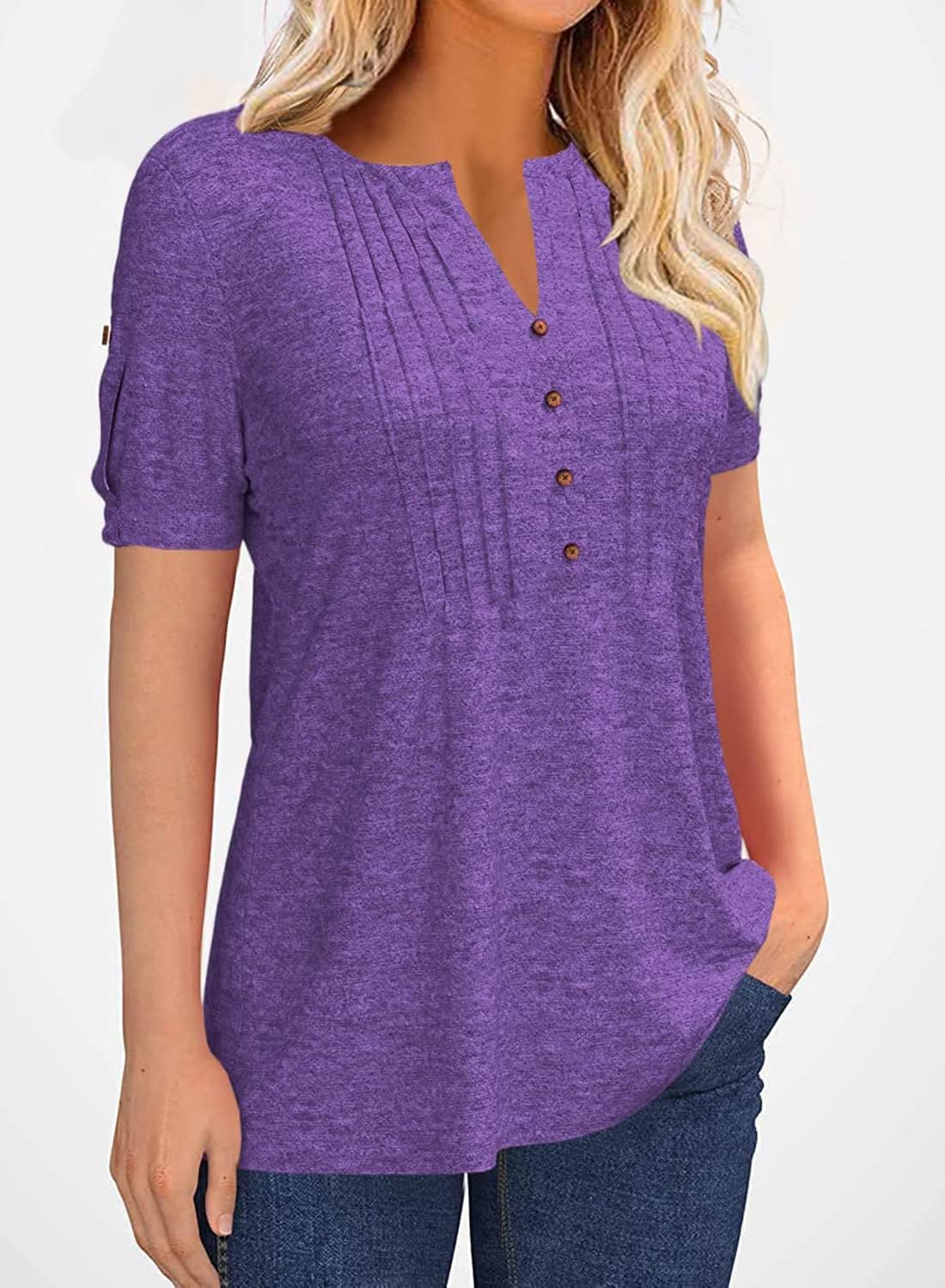 Women's Zipper Summer Pleated Button Short Sleeve T-Shirt Summer V-Neck Solid Color Casual top - Image 2