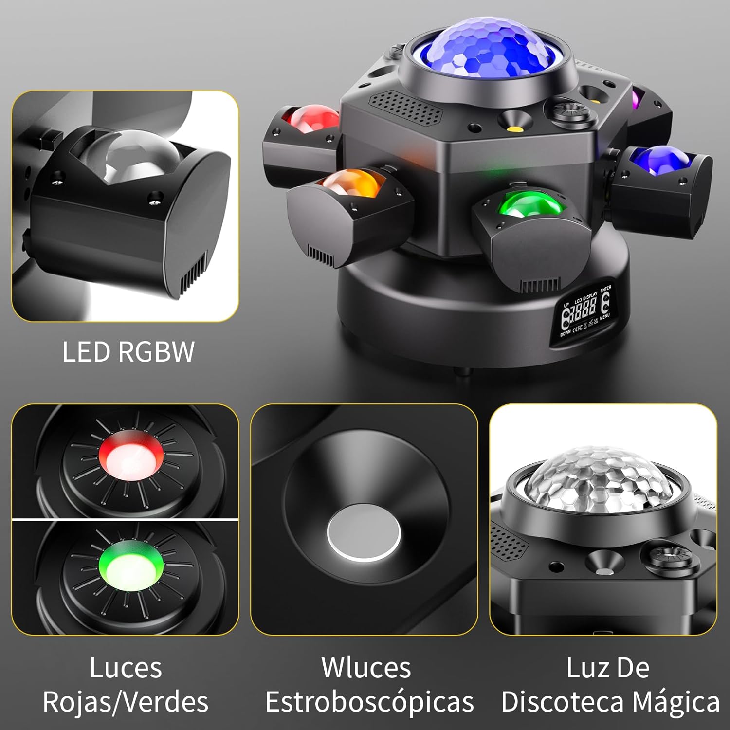 Detailed view of the Yespick Mini Moving Head Light components: RGBW LEDs, red/green laser lights, strobe lights, and the central disco ball light