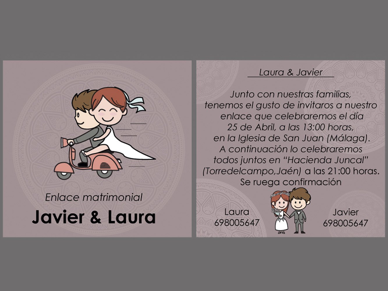 Pack 100 Unidades Invitaciones de Boda 100% Personalizado | Novios en Vespa Fondo Morado Claro | Medidas 15 cm x 15 cm | Impresiones