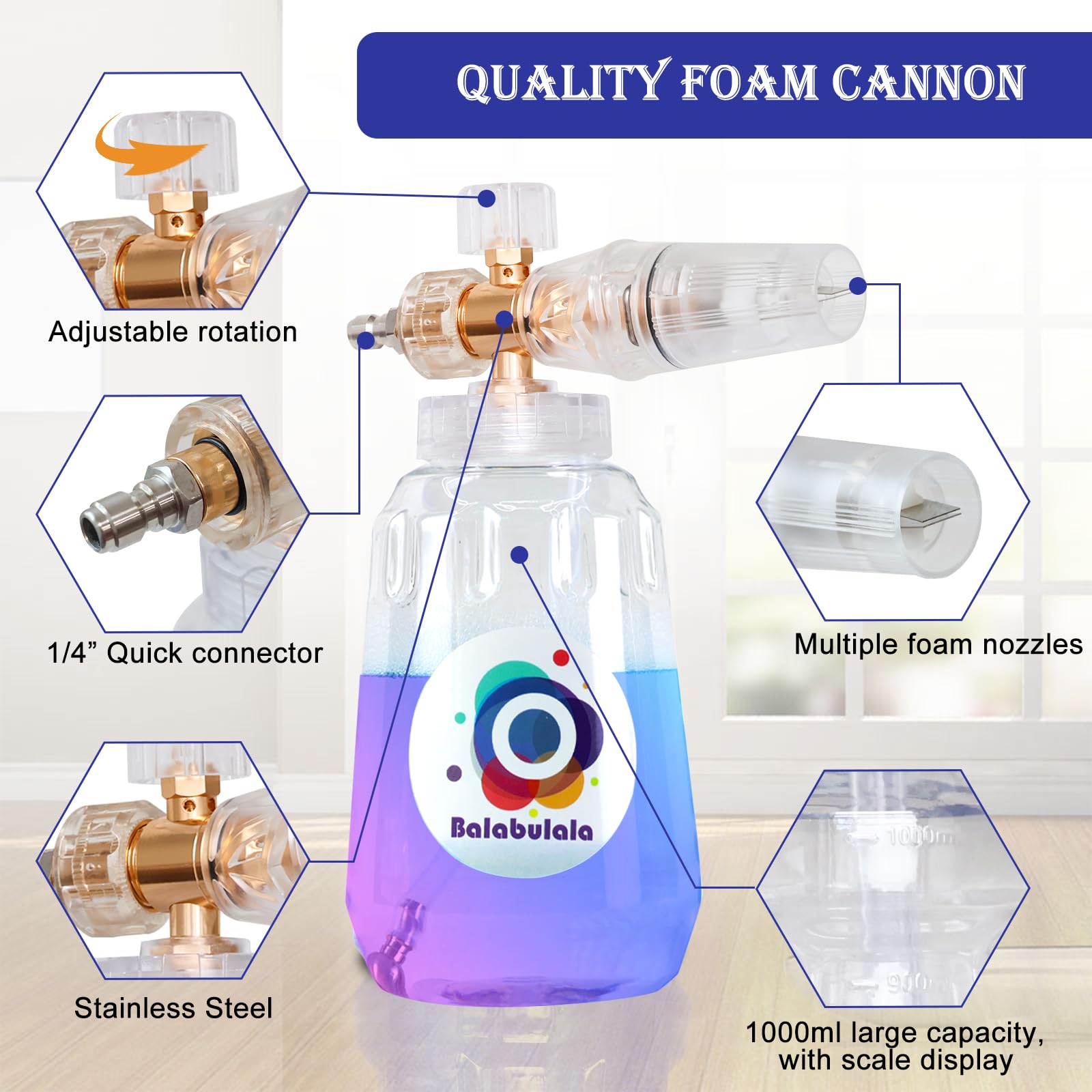 Cañón de espuma para lavadora a presión con conector doble, cañón de espuma Balabulala para coche con adaptador doble, M22 y conexión rápida de 1/4 pulgadas, 4200 PSI