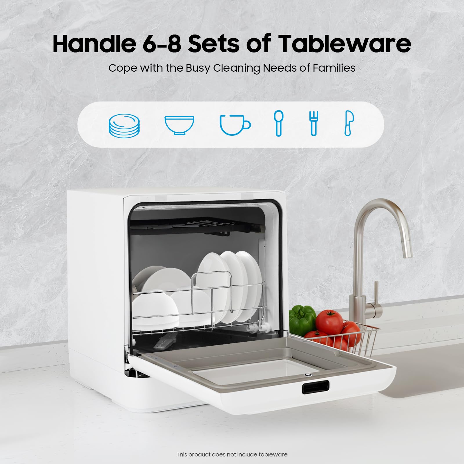 Lavastoviglie da tavolo compatta, 800 W, 6 l, mini lavastoviglie con 6 coperte, 4 programmi, temperatura elevata 72 °C, display LED e funzionamento touch per
