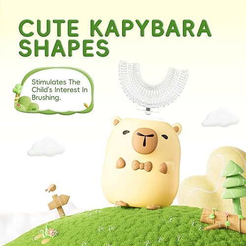 Miniatura 6 de Cepillo de dientes eléctrico para niños en forma de U  Capybara de dibujos animados con 6 cabezales de cepillo, limpieza de grado completo, cepillo