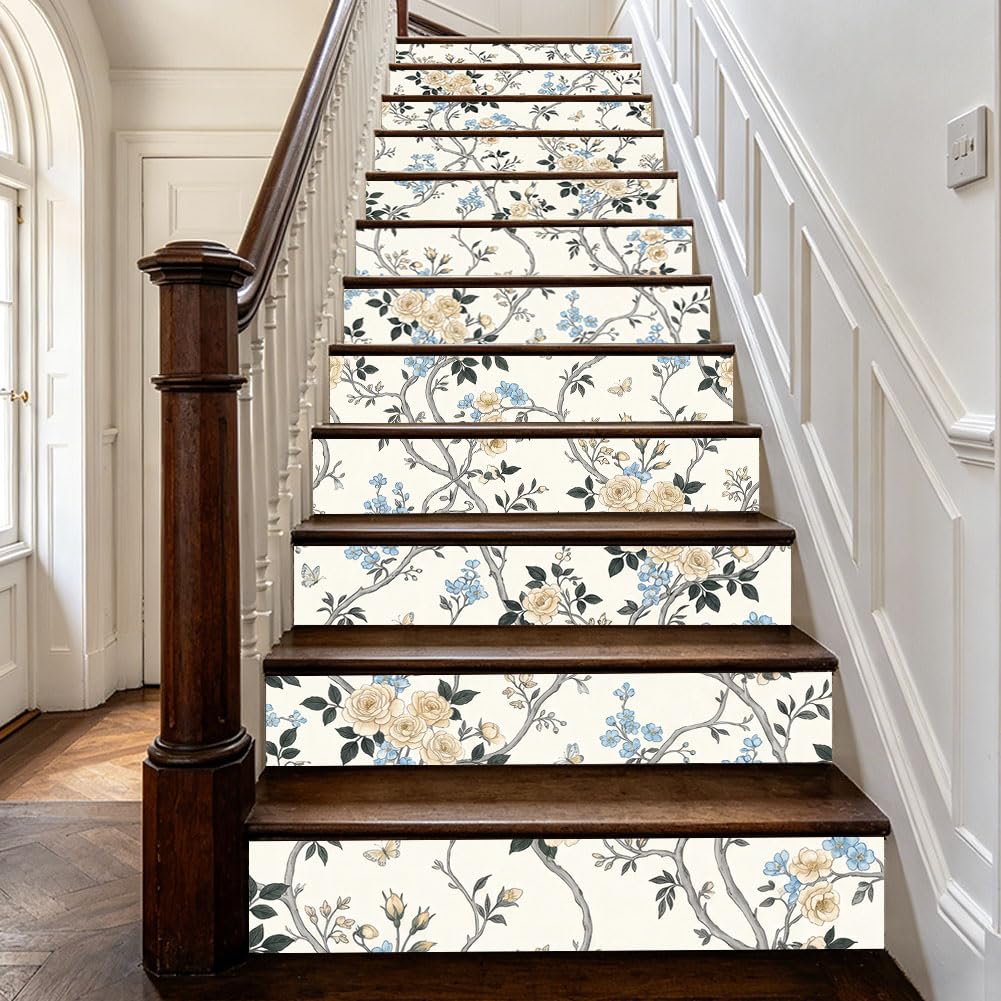 TNKBREEZE 15 Strips Vintage Floral Stair Stickers Beige Peel and Stick Vinyl Stair Riser Decals Removable PVC Art Backsplash Tile Decals for Steps Staircase Murals Decals 39.37" W × 7.09" H