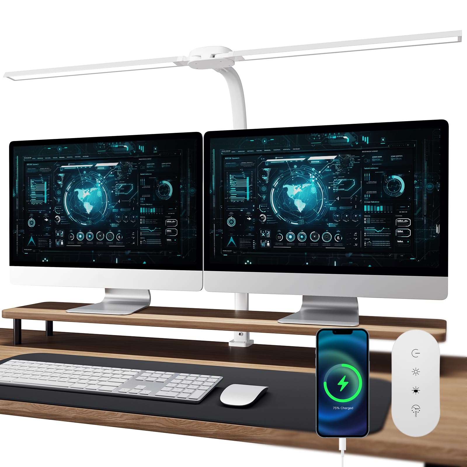 Nevoke Schreibtischlampe LED Dimmbar - 1400LM 24W Doppelkopf Klemmbar Büroschreibtischlampe mit Fernbedienung, 80CM Schwanenhals Schreibtisch Lampe Tageslichtlampe mit Ladefunktion