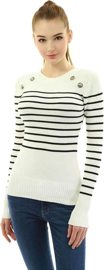 Am lieBoutik Women Crewneck Striped Military Button Embellished Pullover Jumper