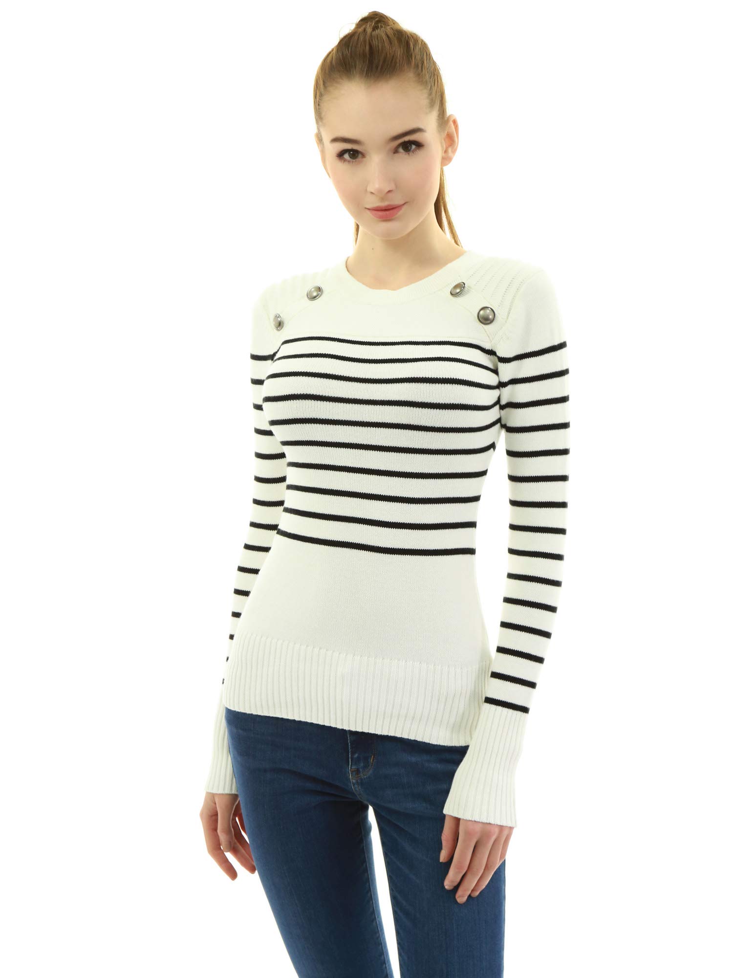 AmélieBoutik Women Crewneck Striped Military Button Embellished Pullover Jumper (Ivory and Black Large 14)