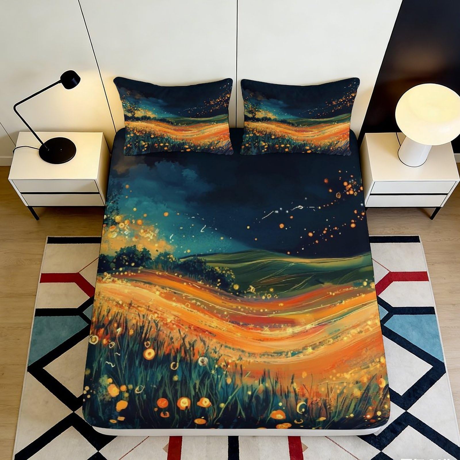 3D Printed Starry Night Fitted Sheet Microfiber Soft Breathable Cosmic Landscape Mattress Cover for Bedroom Dormitory Guest Room Protection Decor 160x200x25cm