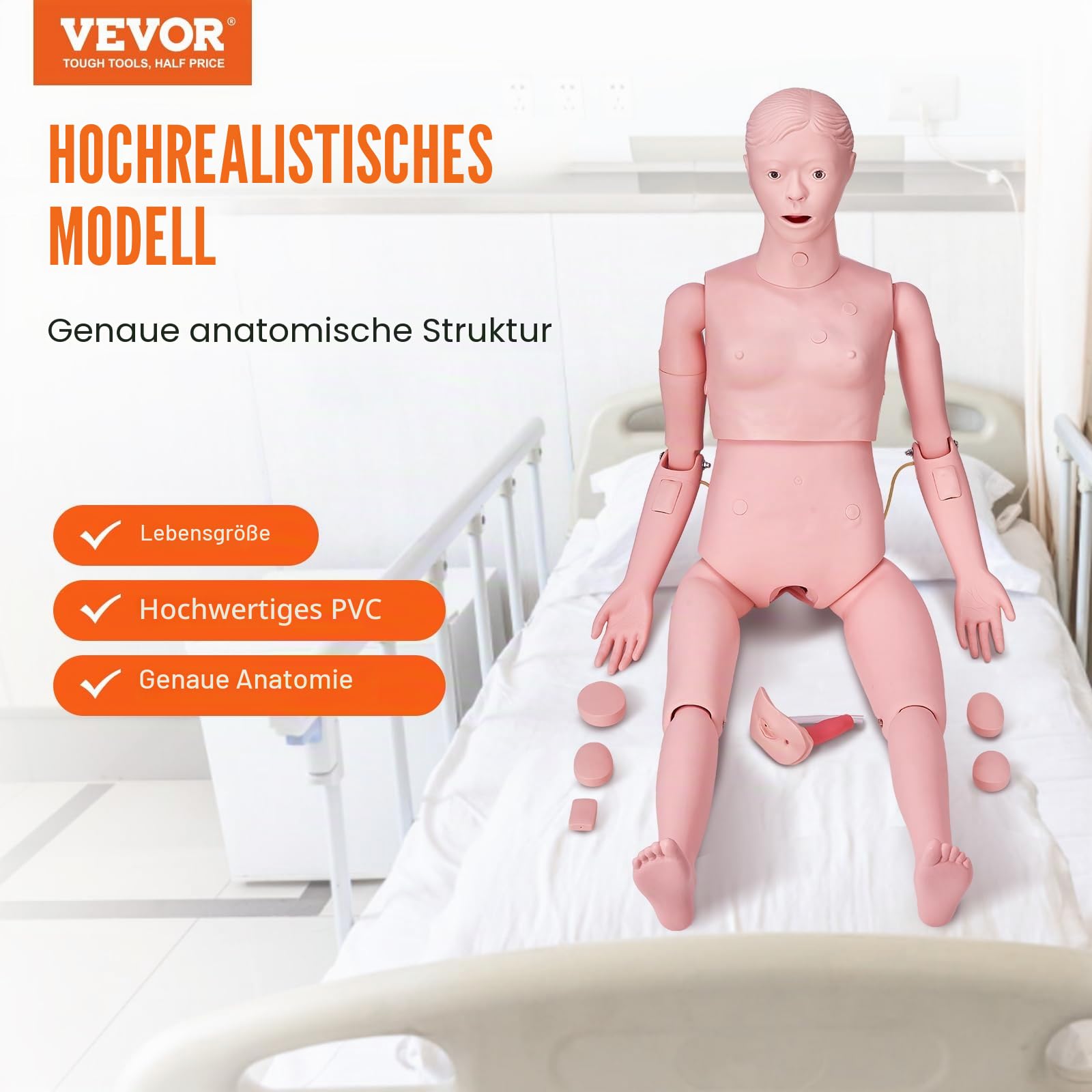 VEVOR Weibliche Krankenpflege Übungspuppe Multifunktional Patientenversorgungssimulator 1530 x 450 x 210 mm, Multifunktionale Ausbildung Pflege-Trainingspuppe Gleichmäßige Skalenformen Übungspuppe