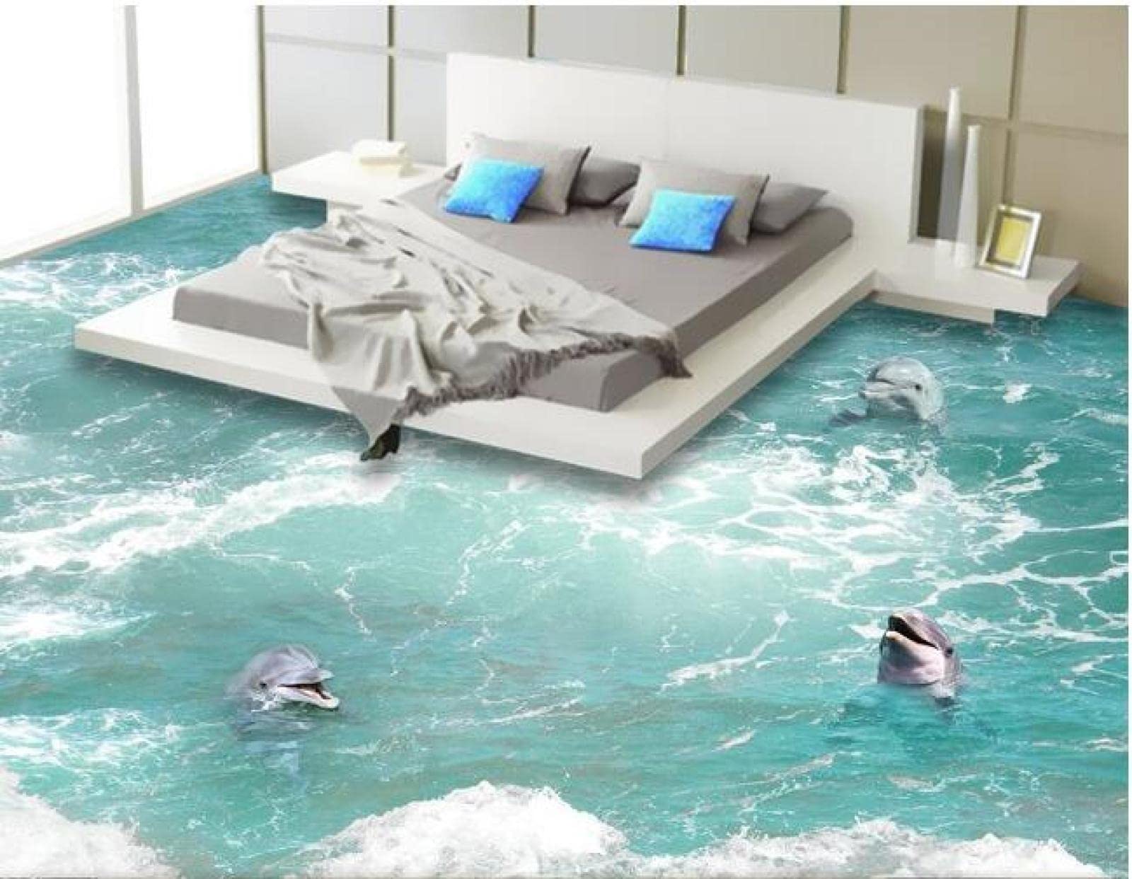 Wall Mural Wallpaper 116 x 83 inch (Width x Height) 3D Flooring Custom Waterproof 3D PVC Flooring Waves a Dolphin 3D Bathroom Flooring Painting Photo Wallpaper for Walls 3D