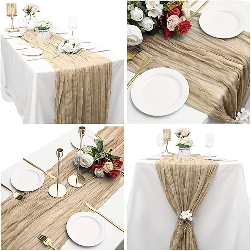 Miniatura 4 de Paquete de 15 caminos de mesa de gasa beige de 10 pies, 35 x 120 pulgadas, camino de mesa bohemio romántico para boda, fiesta de cumpleaños,