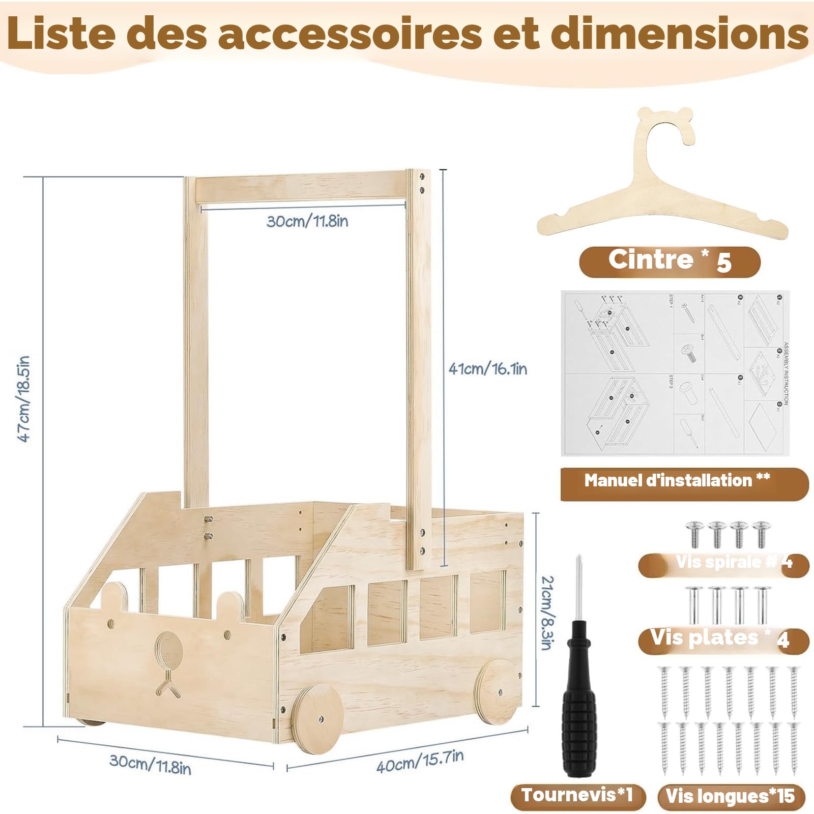 Caisse en Bois Rangement Bébé - Panier Penderie Bébé avec Roues, Poignée et 5 Cintres | Idéale Cadeau Fête Prénatale & Rangement Vêtement Bébé