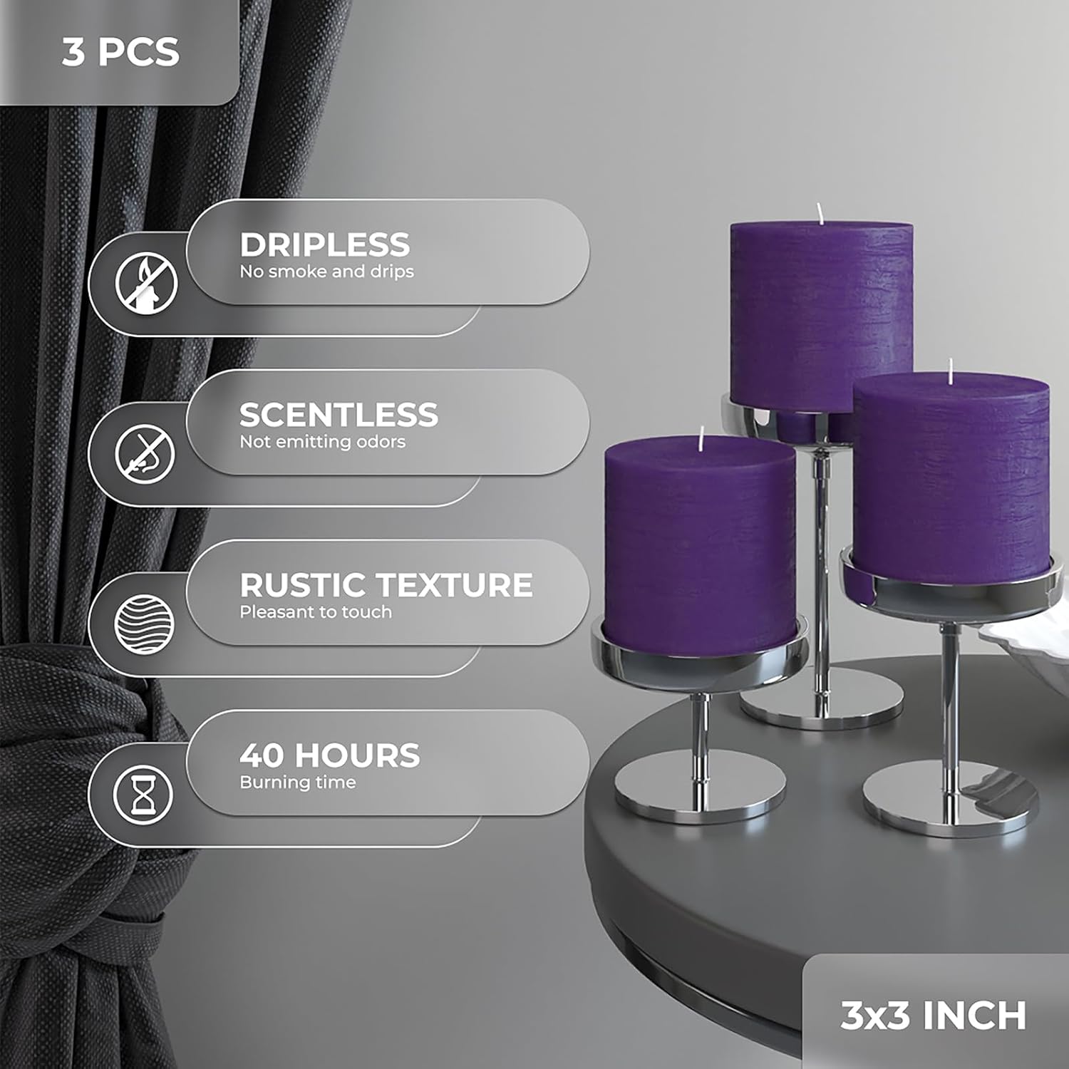 CANDWAX 3x3 Pillar Candles Set of 3 - Rustic Unscented No Drip Purple Candles for Home Decor, Weddings, Centerpieces - Image 3