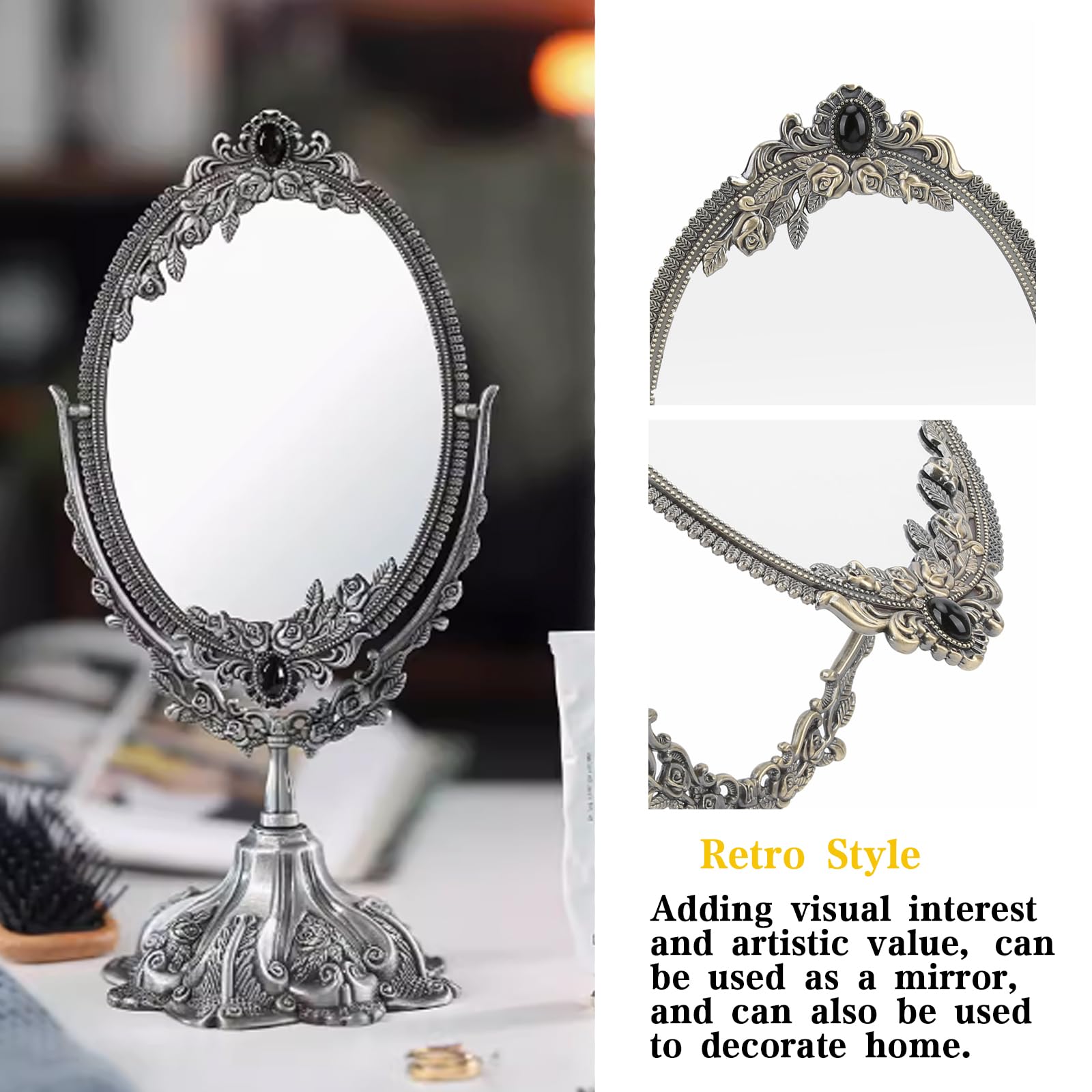 Vintage Schminkspiegel Schminkspiegel im europäischen Stil mit Ständer Metall Retro doppelseitiger Spiegel für Badezimmer Schlafzimmer Dressing(Large)