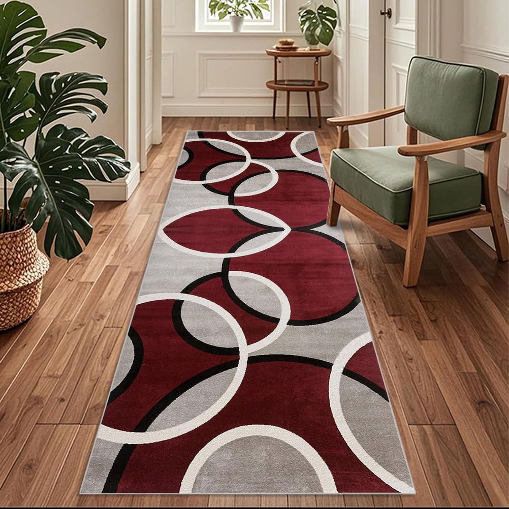 Siunwdiy Extra Long Runner Rugs for Hallway 90x320cm Modern vintage Grey red Carpet Runners for Hallways Non Slip Long,Kitchen Rugs Washable,Corridors Runner Rug for Living Room,Entrance,Home Decor