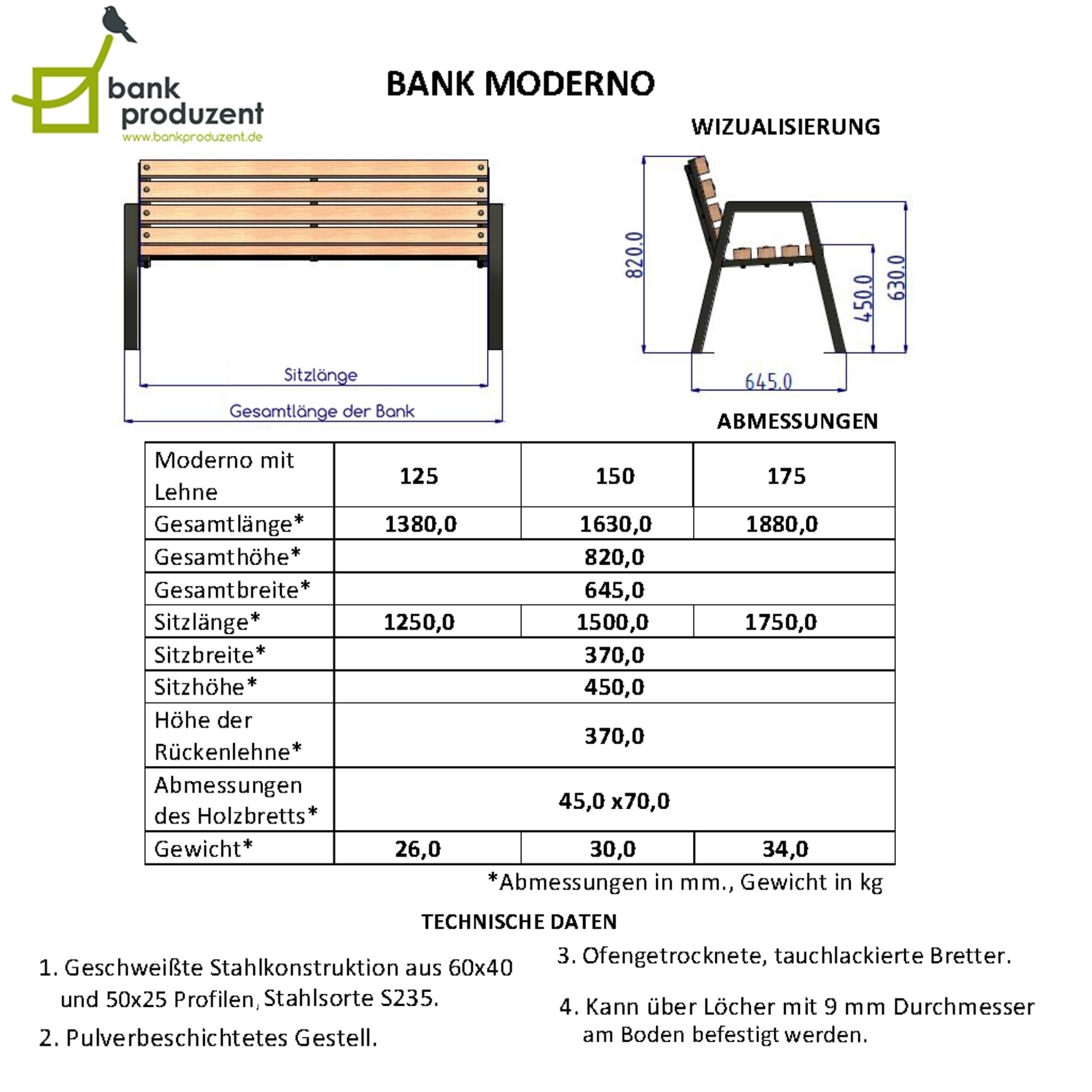 Panchina da giardino resistente alle intemperie in legno 125cm - Panchina da esterno Moderno verniciata a polvere - Panchina da parco in abete scandinavo (Brun)
