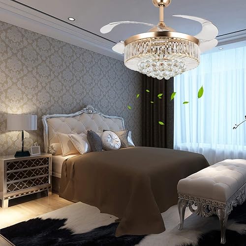Miniatura 9 de MORE CHANGE Ventilador de techo de cristal de 42 pulgadas con luces LED, ventilador de techo dorado con aspas retráctiles y control remoto,