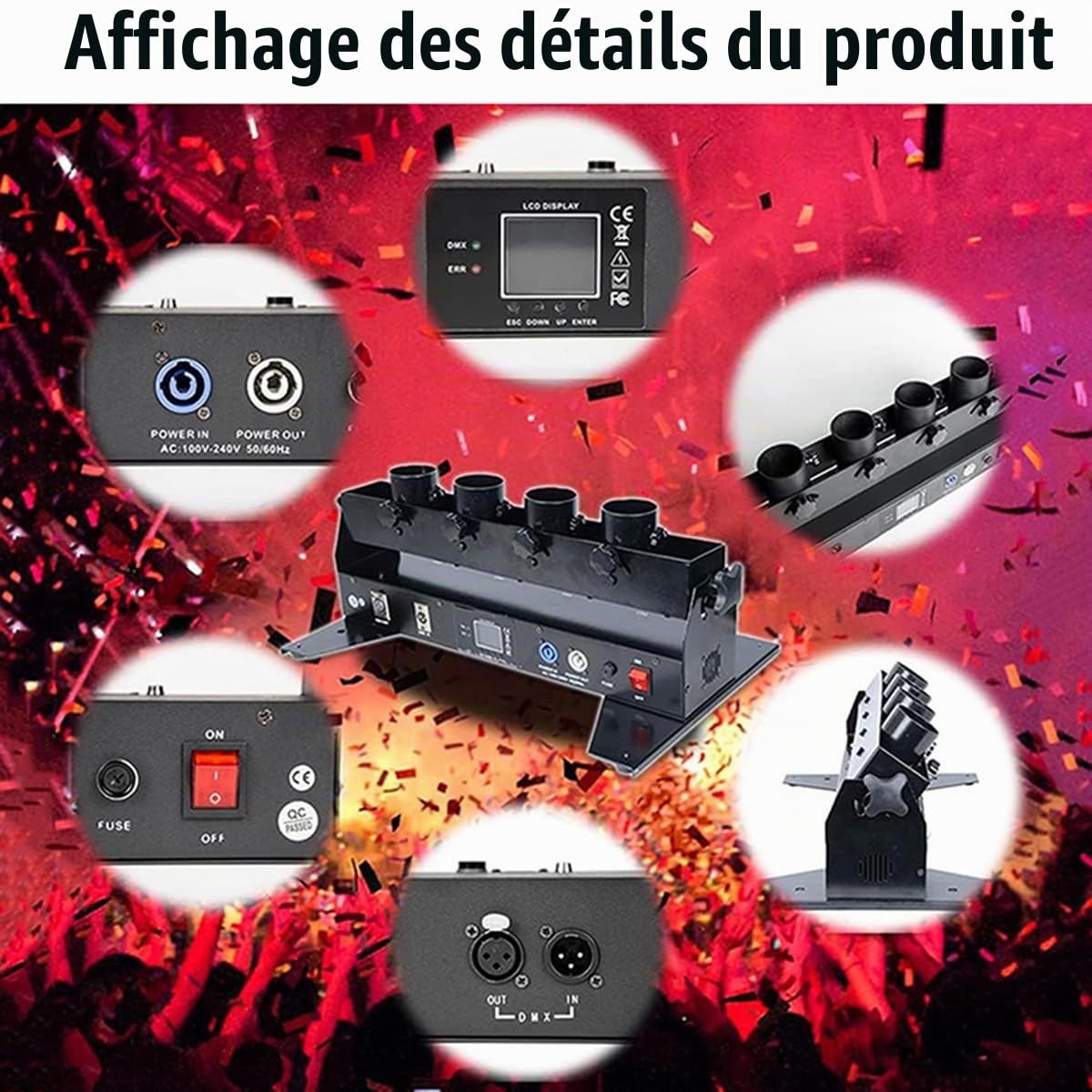 Lanceur de confettis électrique Canon à confettis à 4 coups DMX/télécommande pour mariage Disco Show Club Stage Party, machine à souffler les confettis DMX512 et télécommande