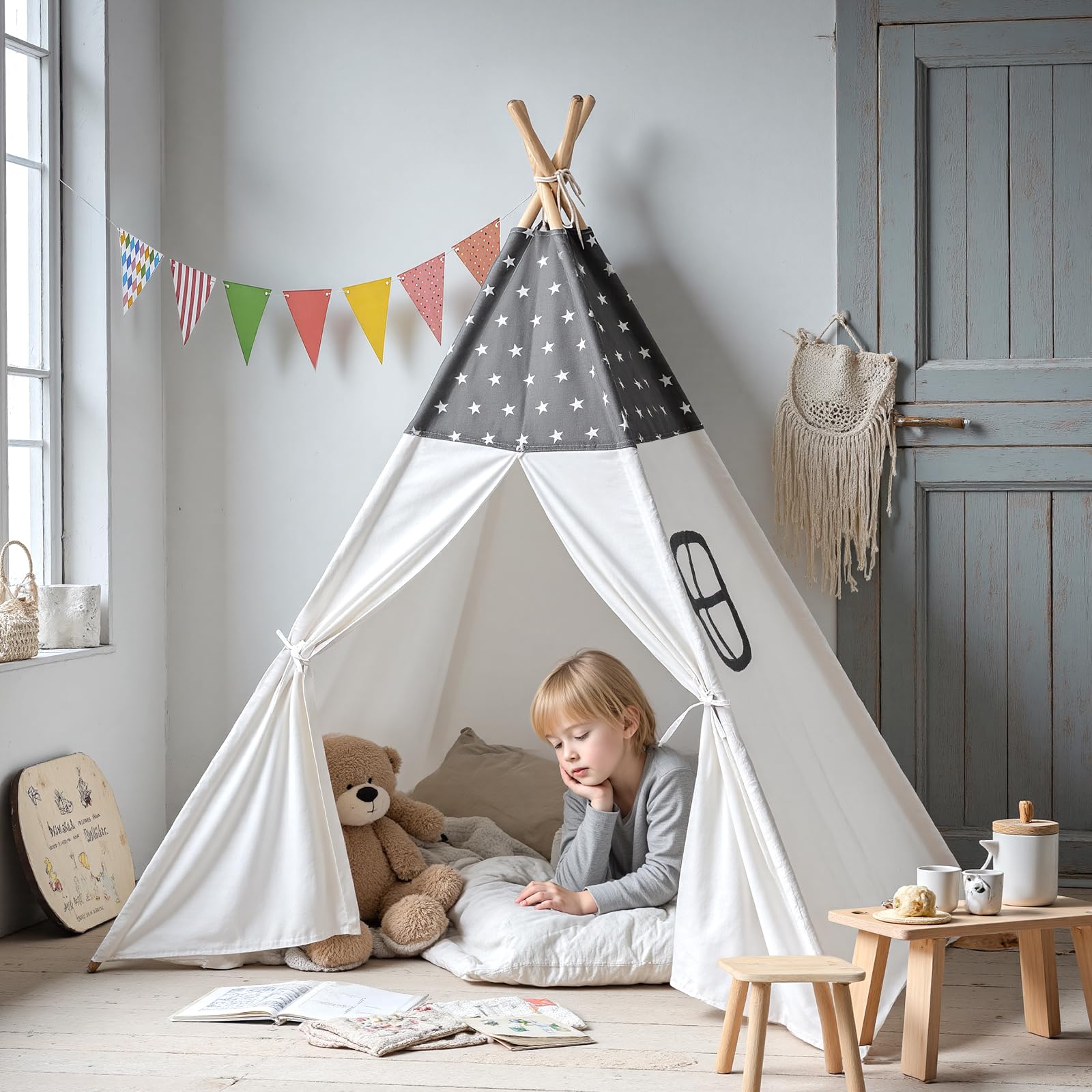 Sumbababy Tipi Infantil, Algodón Tienda de Campaña Interior Madera Portátil Cabañas para Niños, Tienda de Juego