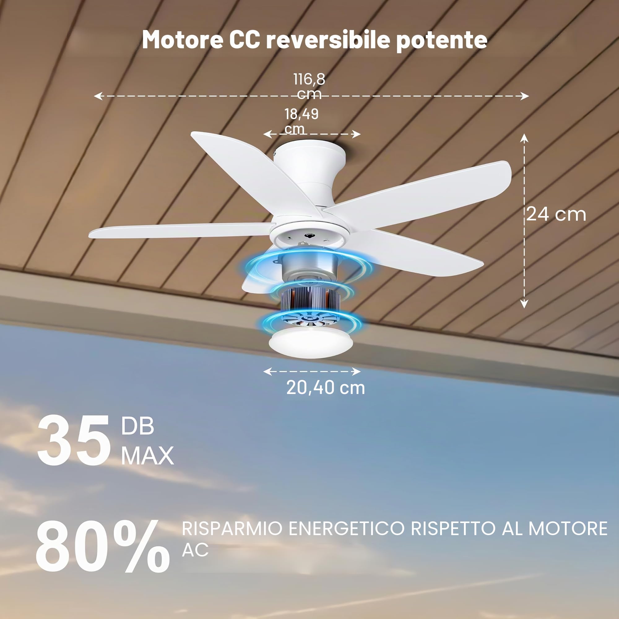 Ohniyou 46 pollici (117 cm) ventilatore da soffitto con Luce, telecomando/controllo app, dimmerabile, silenzioso motore DC, ventilatore a soffitto per camera da letto, terrazza, camera da letto