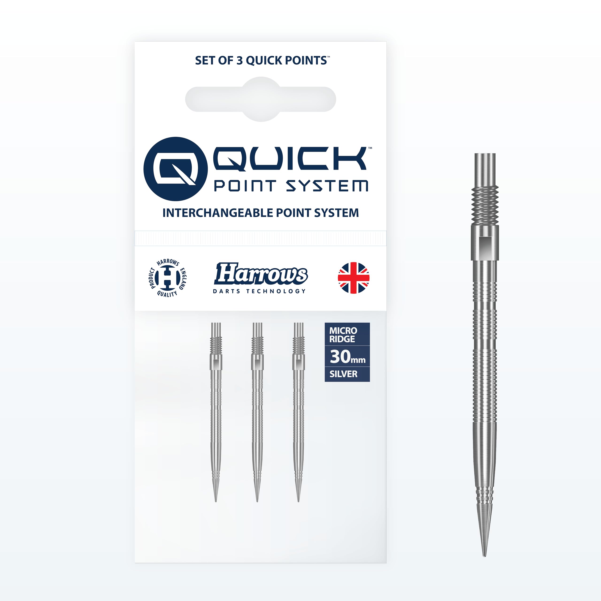 Harrows Micro Grip Quick Points – Precision CNC-Milled Dart Points with Enhanced Finger Grip & No-Break Design – Fast Swap Quick Point System (30mm, Silver)
