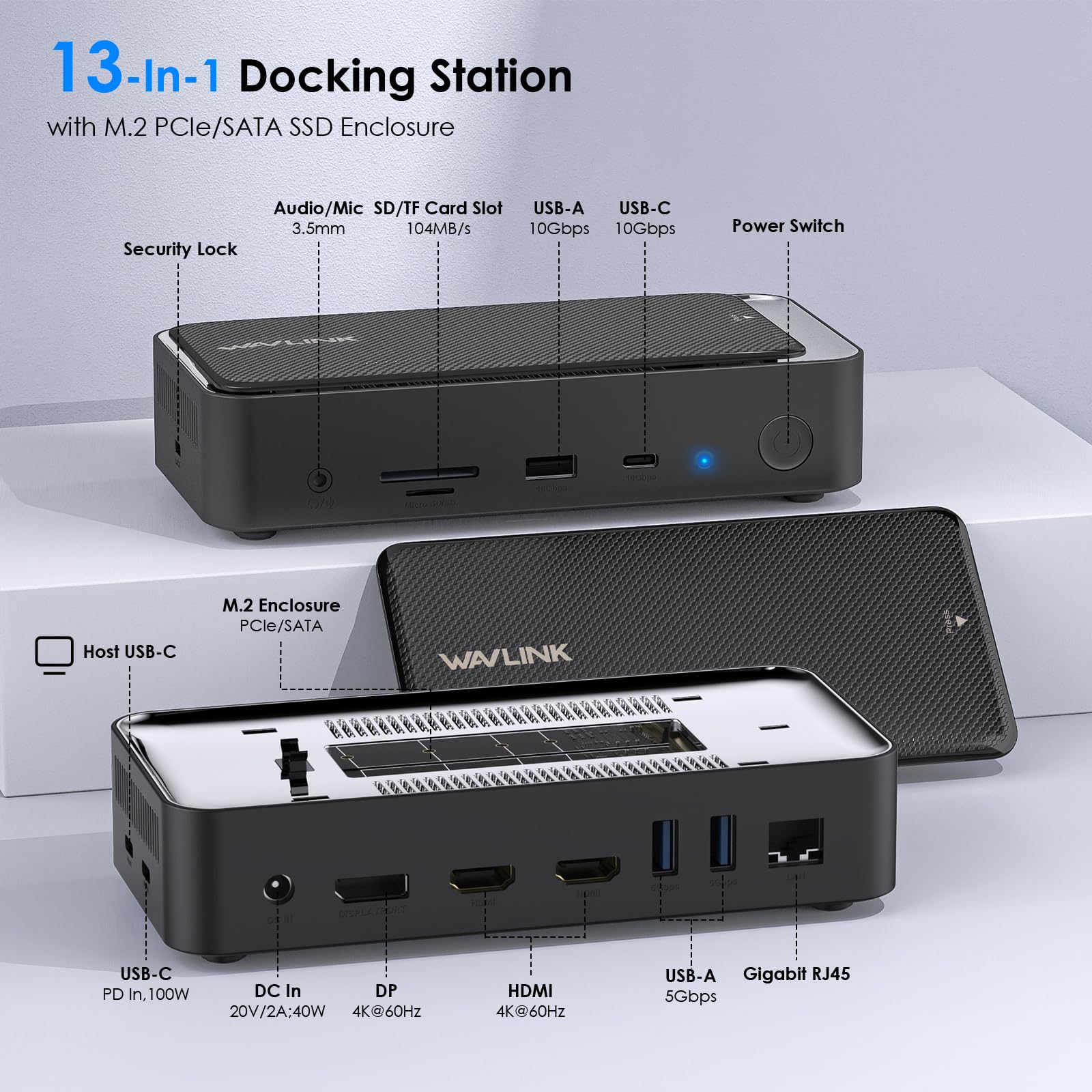 WAVLINK Triple Display Dock, Hub 13-In-1 di tipo C 10Gbps con alloggiamento SSD M.2 PCIe/SATA, supporto 100W PD, 4K@60Hz HDMI/DP, USB C/USB-A Gen 3.2/3.1, SD/TF, Gigabit RJ45 per Windows, Mac OS