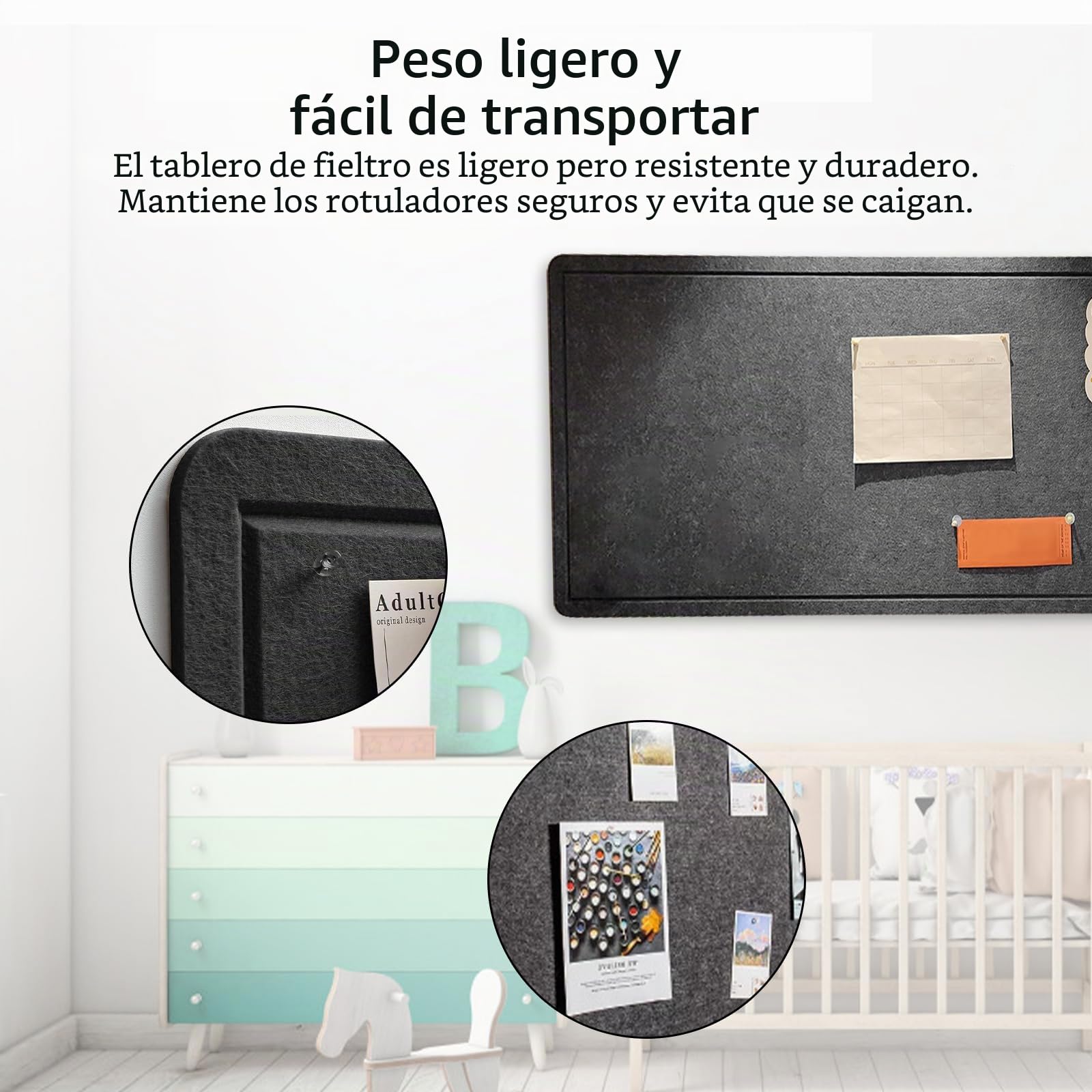 Tablón de Corcho y Fieltro (80 x 120 cm) - Tablón de Anuncios Autoadhesivo para Paredes, Tablero de Notas Decorativo Negro
