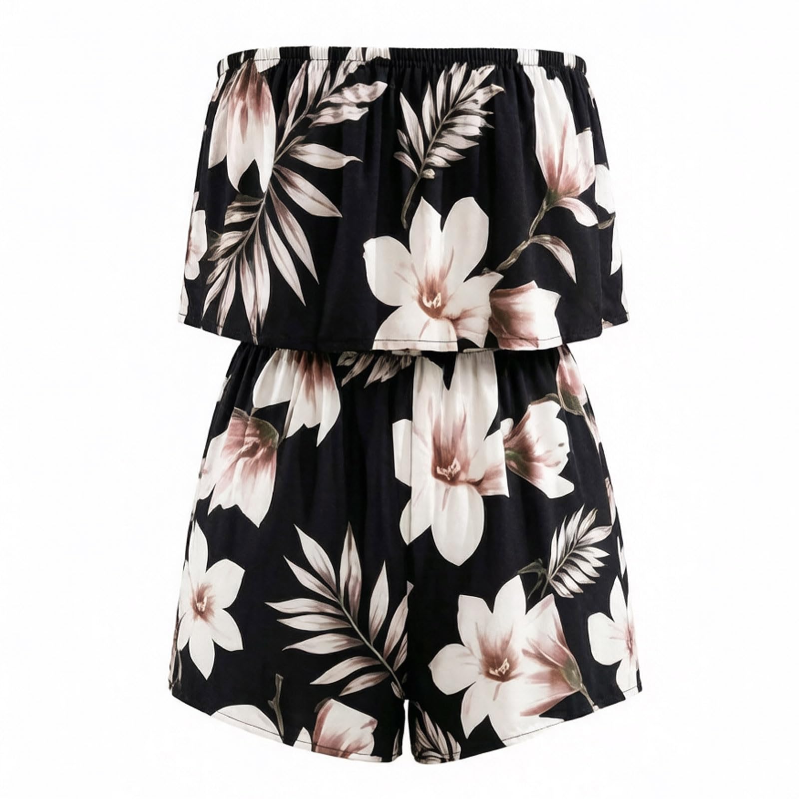 WWricotta Mono de playa bohemio informal estampado sin tirantes, mono de verano holgado y fluido, mujer, pantalón corto, bolsillos, para looks playeros, fácil de poner y quitar