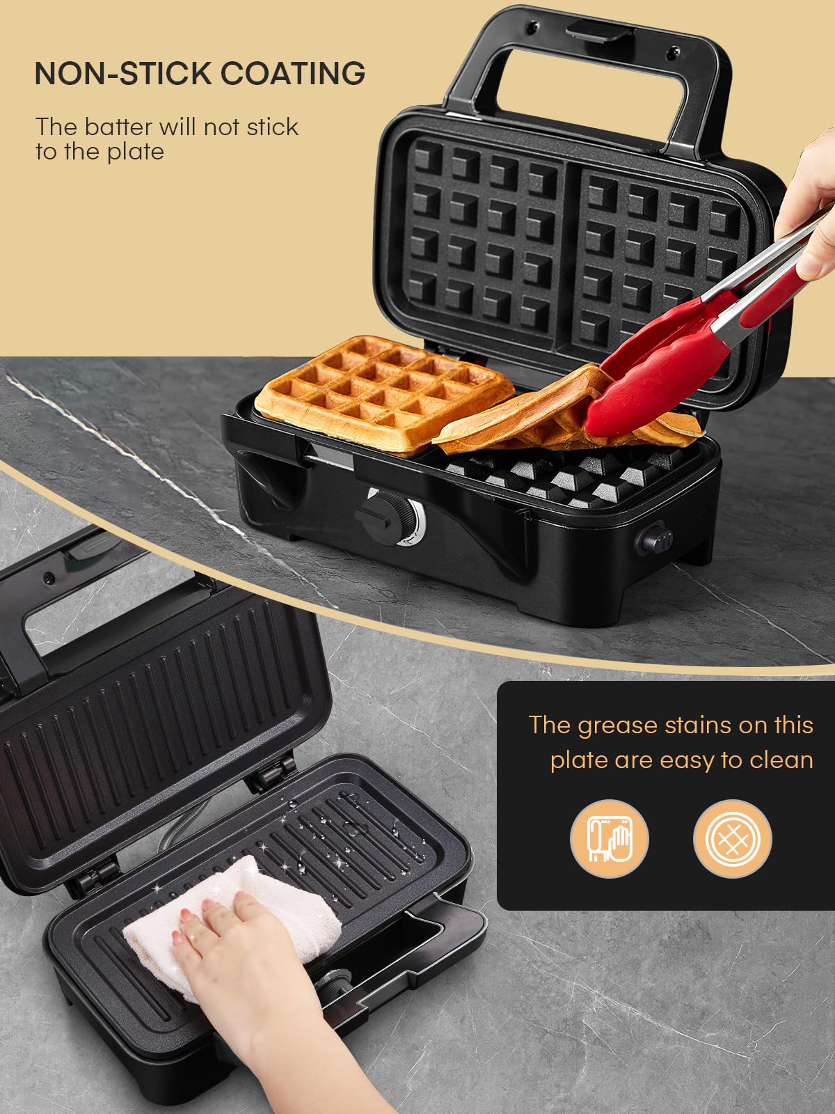 1200W Sandwichmaker 3 IN 1, 5-Gang-Temperaturregelung Waffeleisen Sandwichtoaster Kontaktgrill mit Antihaftbeschichtung für einfache Reinigung ohne Anbrennen, LED-Leuchten, Edelstahl/Schwarz