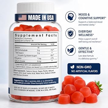 Lithium Orotate Gummies 5mg (Per Serving) Chewable Lithium Supplement Gentle Daily Support Vegan, Non-GMO 60 Gummies