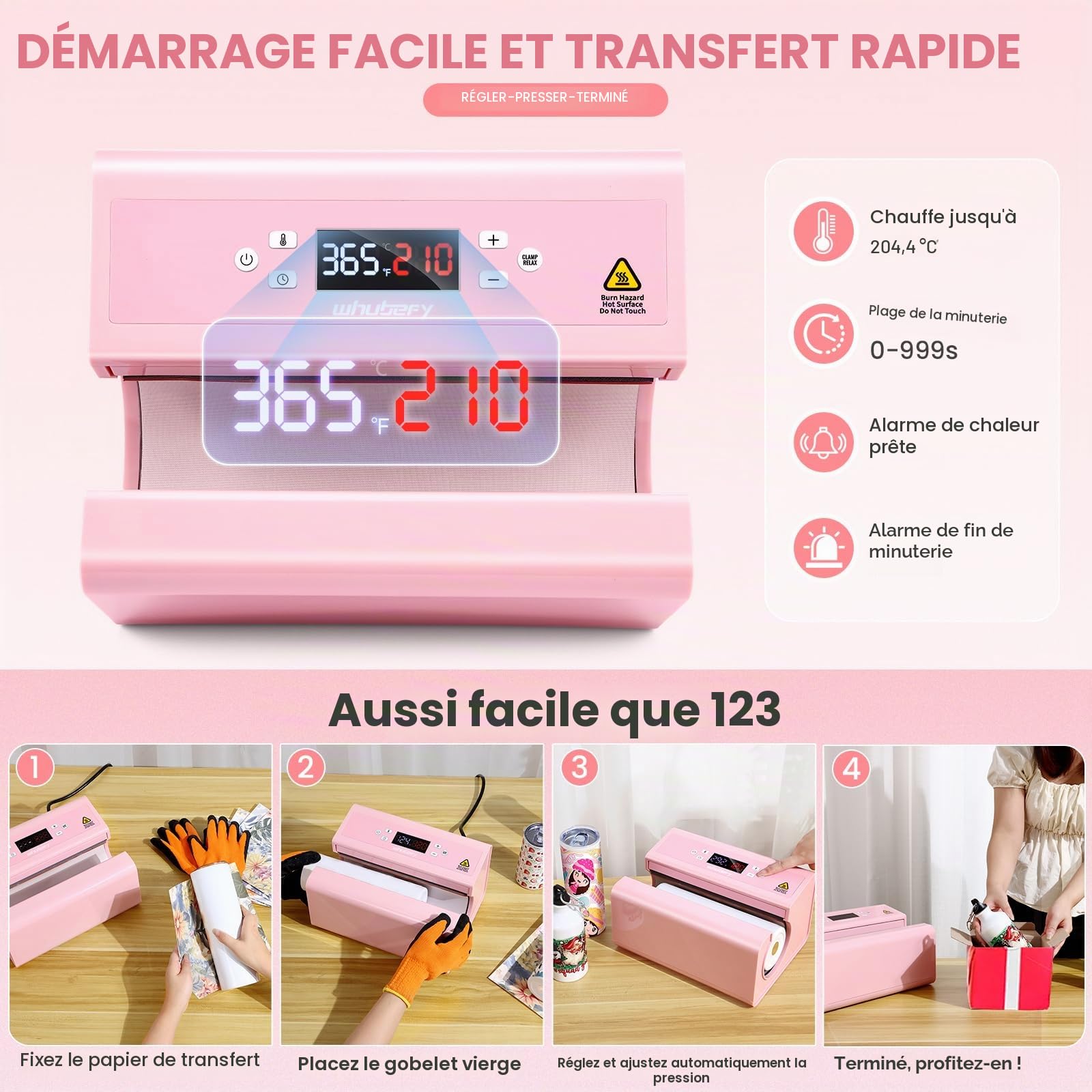 Presse à Chaud pour Tasses 30 OZ - Presse Automatique à Tasses Mugs Durable et efficace - Presse de Transfert - Articles Personnalisés Sublimation - Rose
