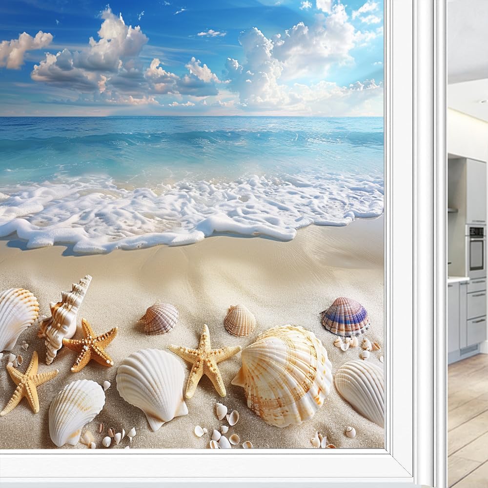 Vintage Beach Window Film Privacy Ocean Shell Nature Starfish Window Clings for Glass Decorative Stickers Static Cling Sun Blocking Coverings 70x100 cm