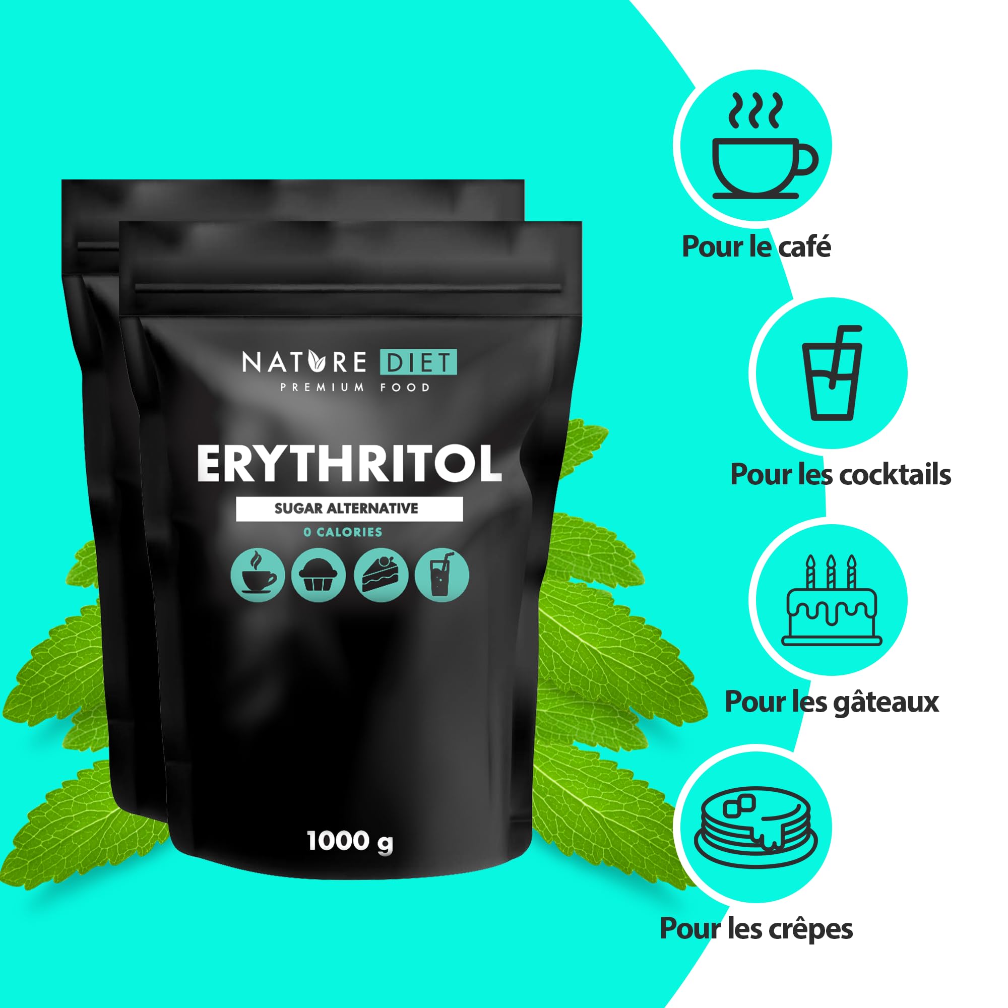 Nature Diet - Érythritol 2 x 1000g | Édulcorant naturel | Zéro Calorie | Remplacement du sucre | Substitut du sucre