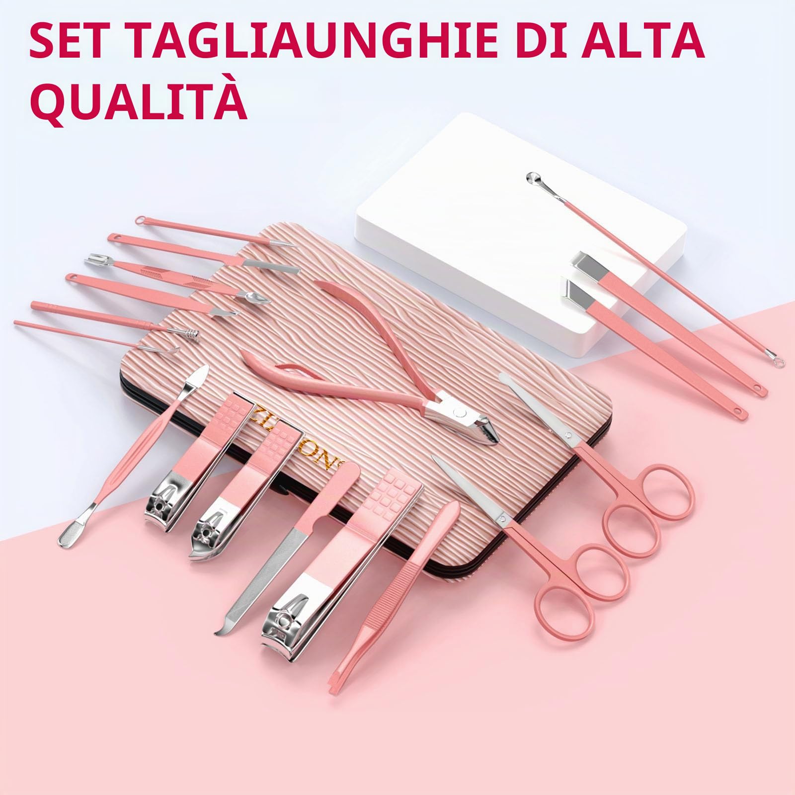 ZIZZON Set manicure 18 in 1 Set professionale per pedicure Forbici per unghie Kit per toelettatura con custodia da viaggio in pelle Rosa