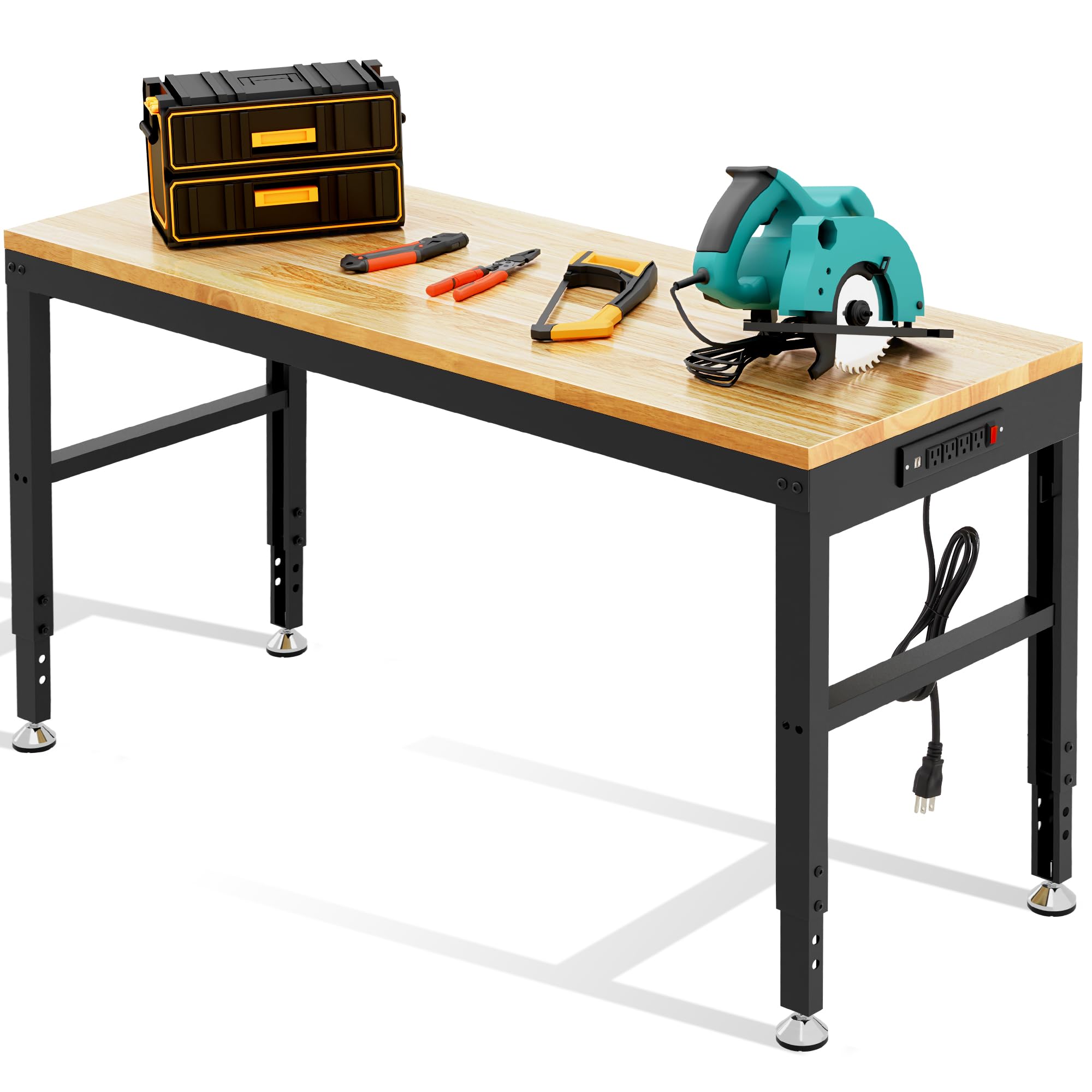 Antifir 60" Heavy Duty Workbench 1800 Lbs Capacity Solid Wood Working Bench Adjustable Height Work Tables with Power Outlets for Garage Shop Home