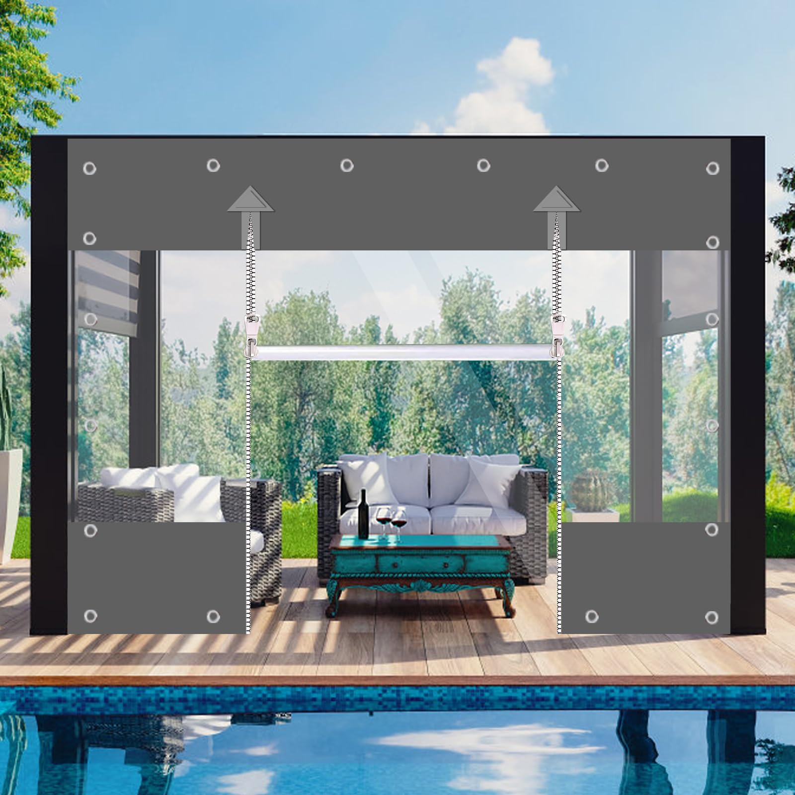 Bâche transparente en PVC 650 g/m², rideau d'extérieur avec fermeture éclair, bâche de protection imperméable, protection contre le vent et la pluie pour pavillon, balcons, terrasses (gris, hauteur 3