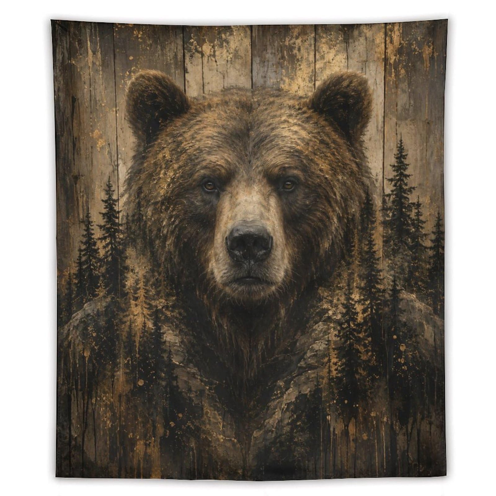 W7C8U2X3 Brown Bear Woodland Portrait Wall Tapestry, Rustic Wildlife