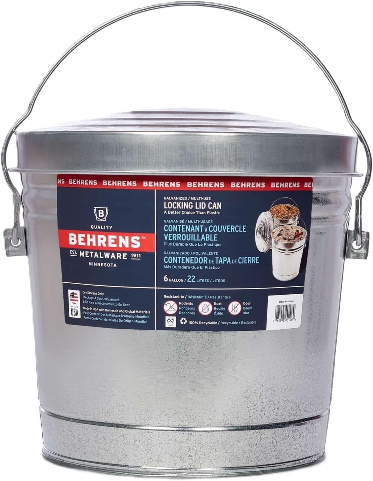 Behrens Galvanized Steel Can with Locking Lid 6 Gallon