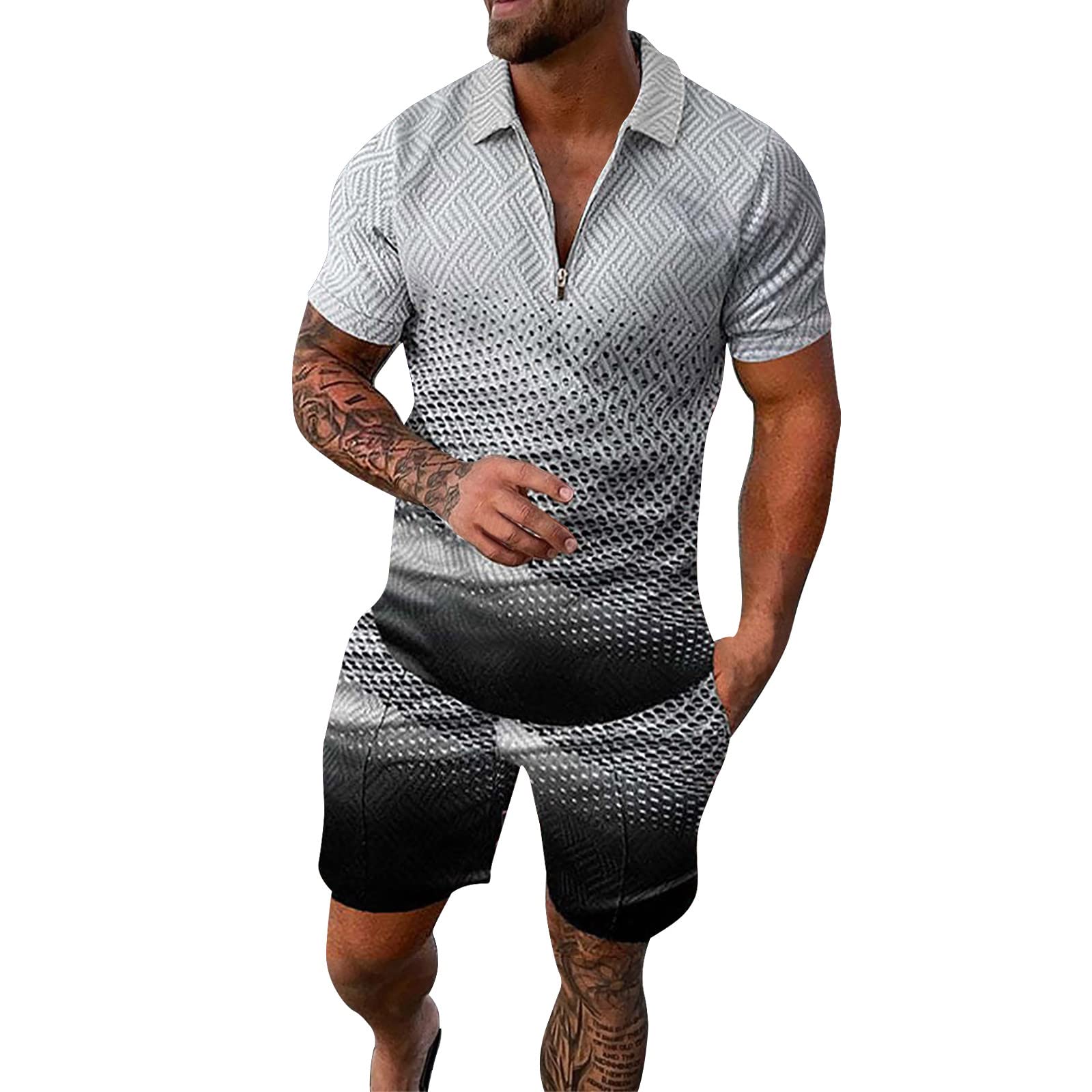 ADMAY 2023 Casual Pantalones Cortos de Verano de los Hombres de Jogging Camisa y Pantalones Cortos Casual de los Hombres de Manga Corta Conjunto Completo de Verano de Dos Piezas Mono con Cremallera Vestido