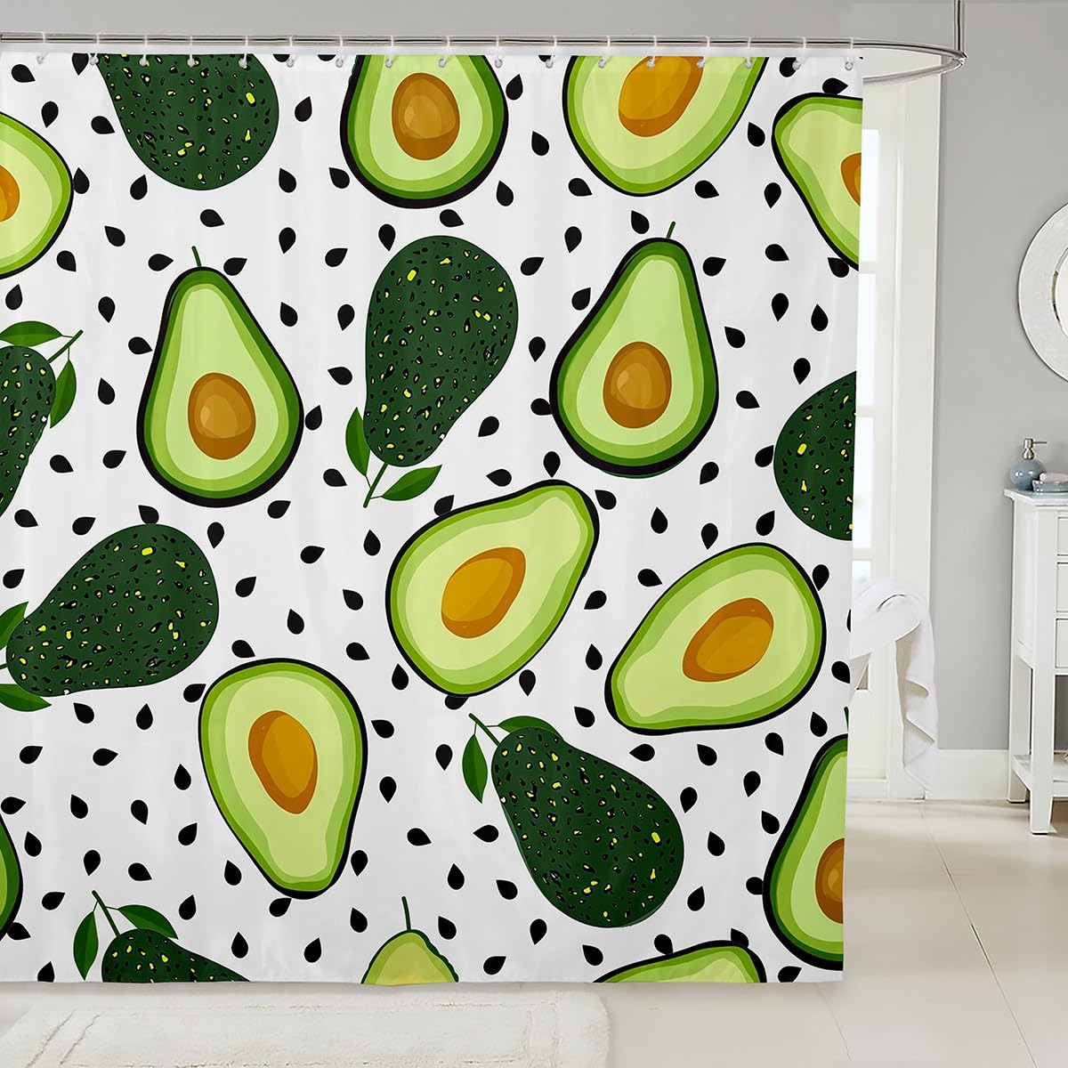 Erosebridal Funny Shower Curtain Cute Avocado Bath Curtain Fruit Vegetable Bathtub Shower Curtain Green White Black Shower Stall Curtain with Hooks Waterproof Cloth Fabric 72" W x 78" L
