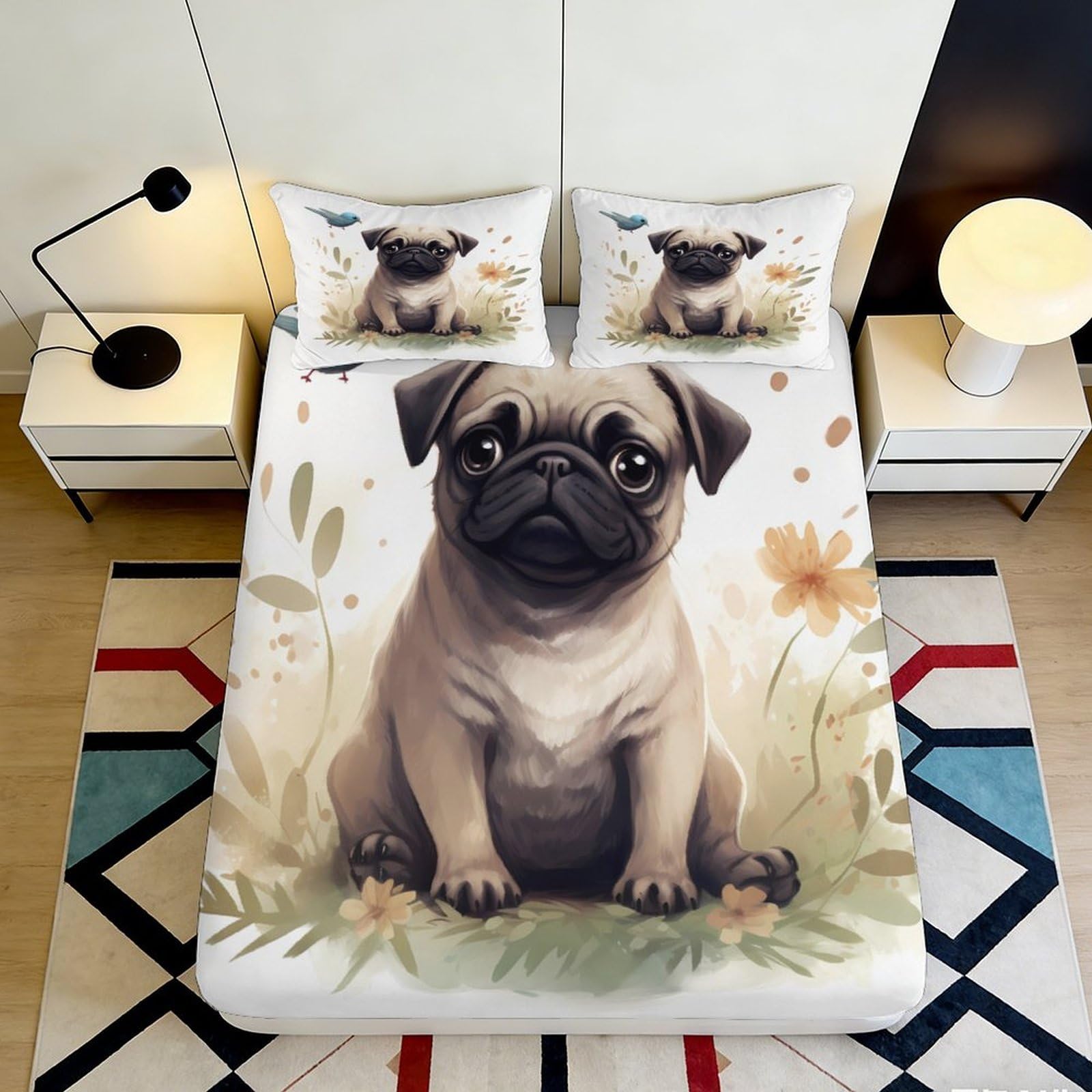 3D Printed Pug Flower Fitted Sheet Microfiber Non Slip Bed Sheet for Bedroom Guest Room Mattress Protection Decor 120x200x25cm