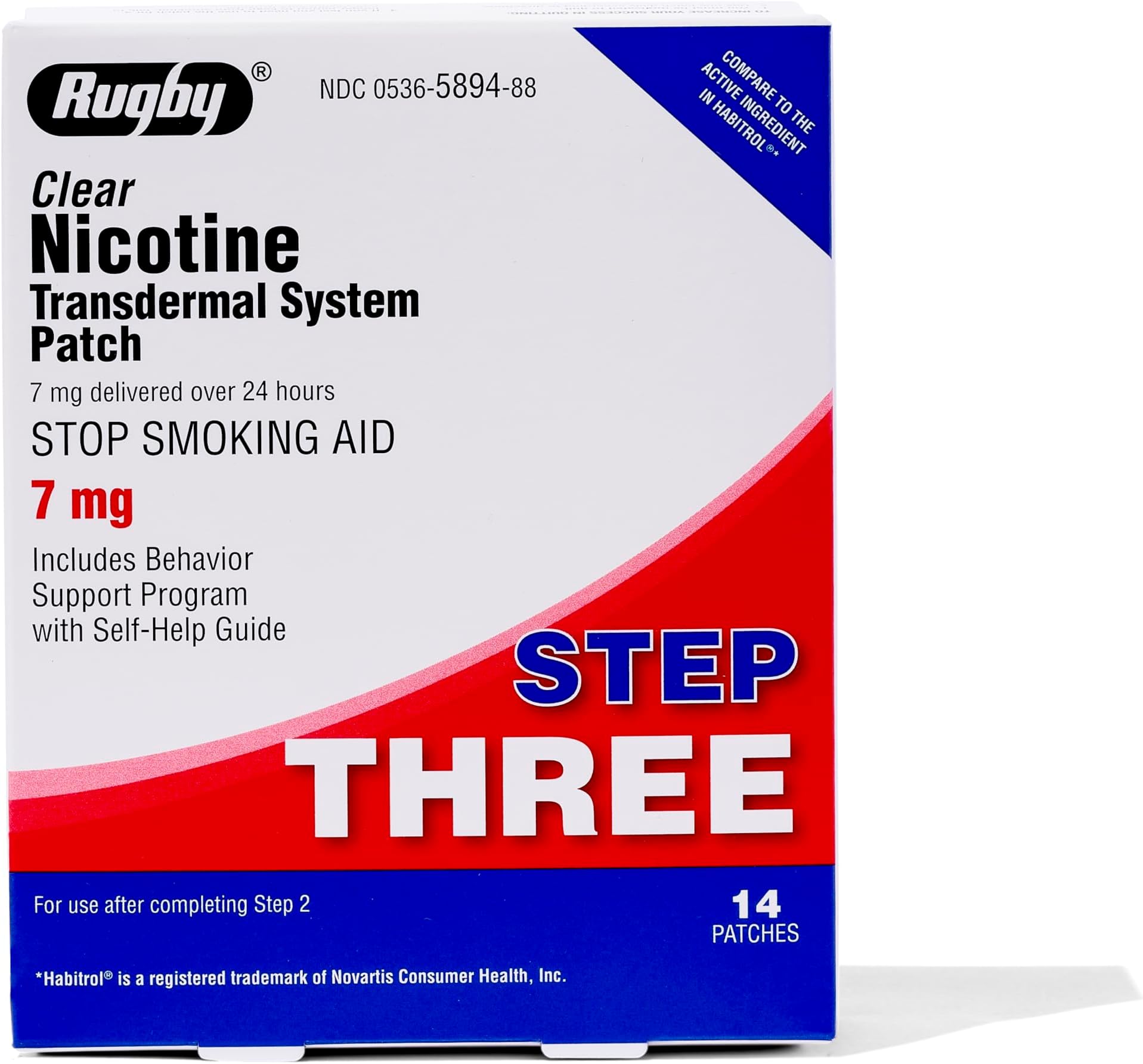 Rugby Clear Nicotine Patches - 7mg Transdermal System Patch - Smoking or Vaping Quitting Aid - Step 3 - (1 Pack)