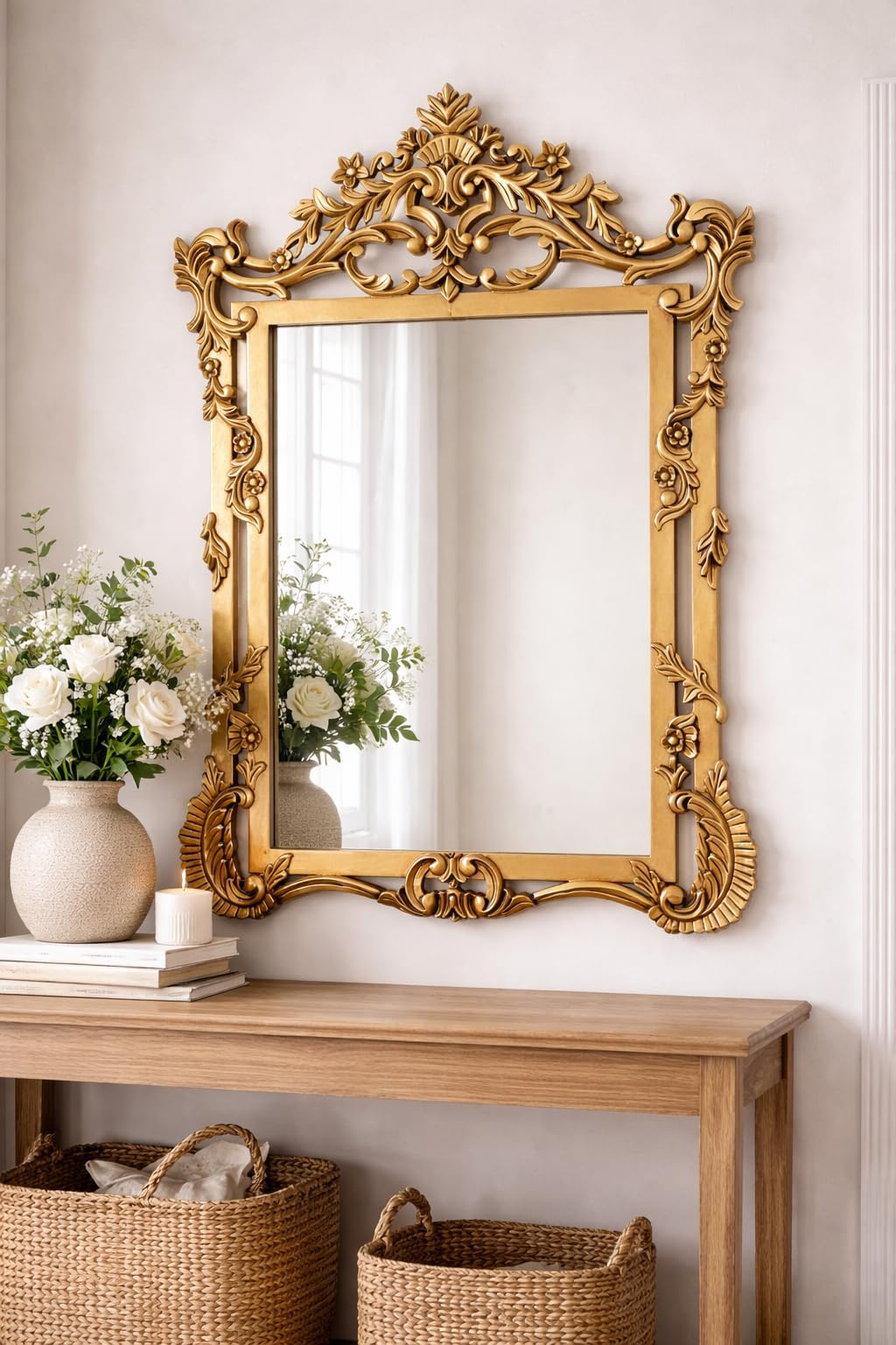 Ornate Baroque Style Wall Mirror with Gold Carved Wooden Frame, Decorative Vintage Design || 48x36 Inches || Without Mirror ||-image-19