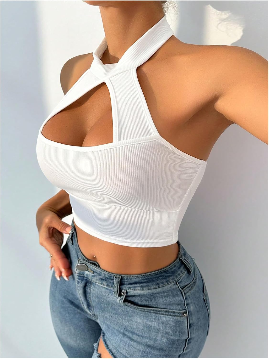 Floerns Women's Cut Out Sleeveless Halter Tops Ribbed Backless Crop Tank Top - Image 2