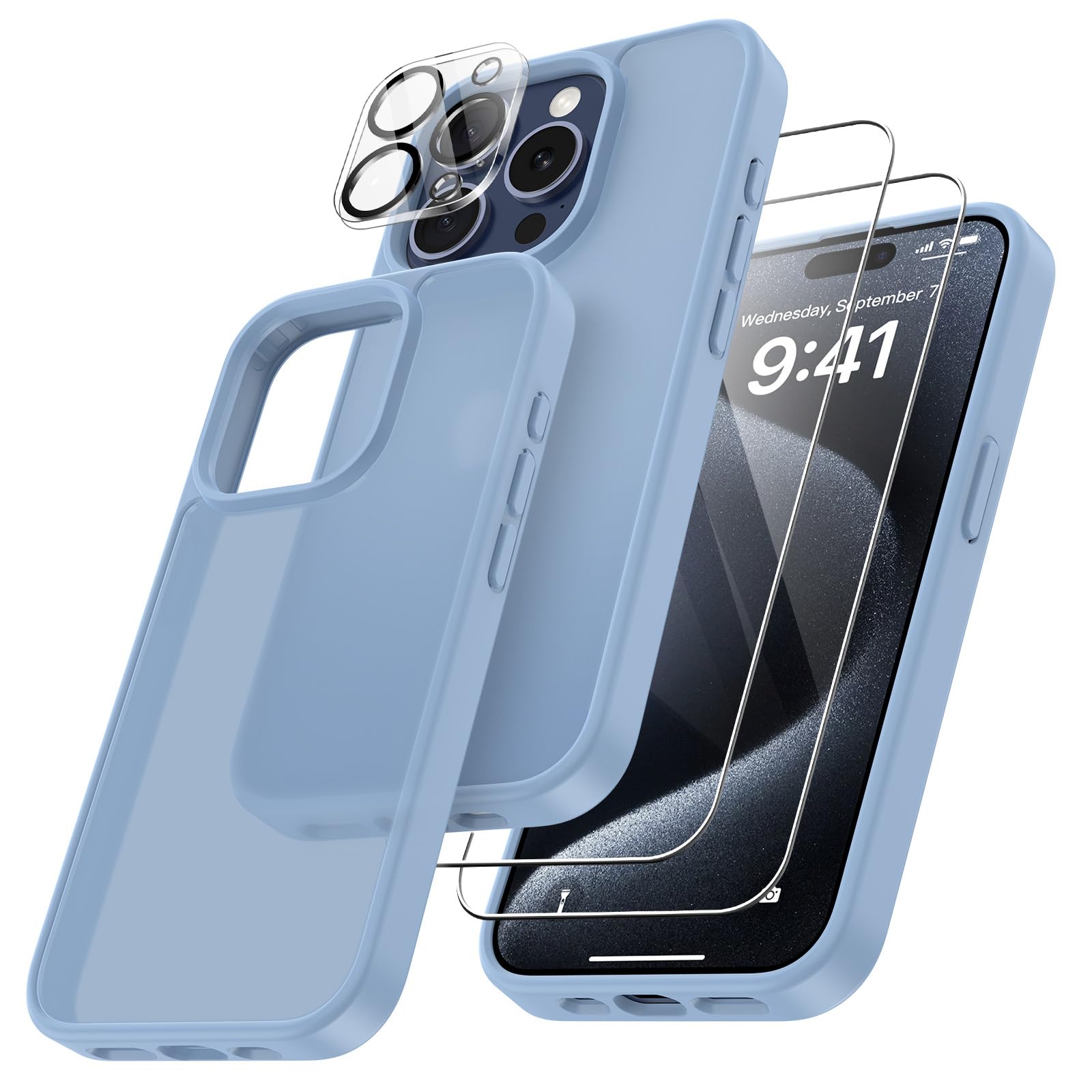 FLLAO 4 en 1 Coque pour iPhone 15 Pro Max avec 2 Verre Trempé et 1 Caméra Protec