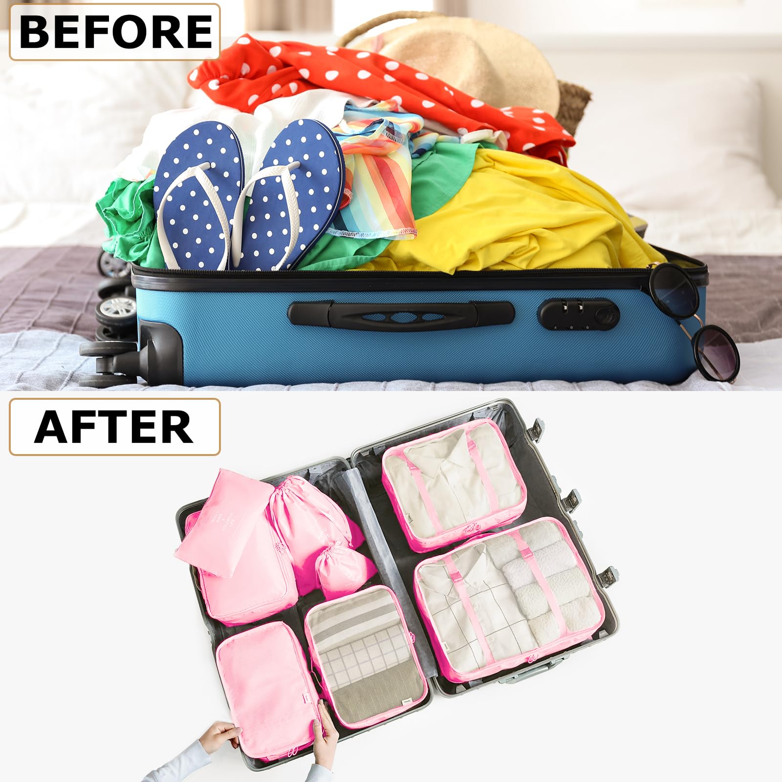LANSKLBD 6/8 Set Packing Cubes for Suitcases Travel Luggage Packing Organizers,Travel Accessories Essentials Luggage Organizer with Shoe/Tioletry/Laundry Bag (Pink, 8 set) view 2