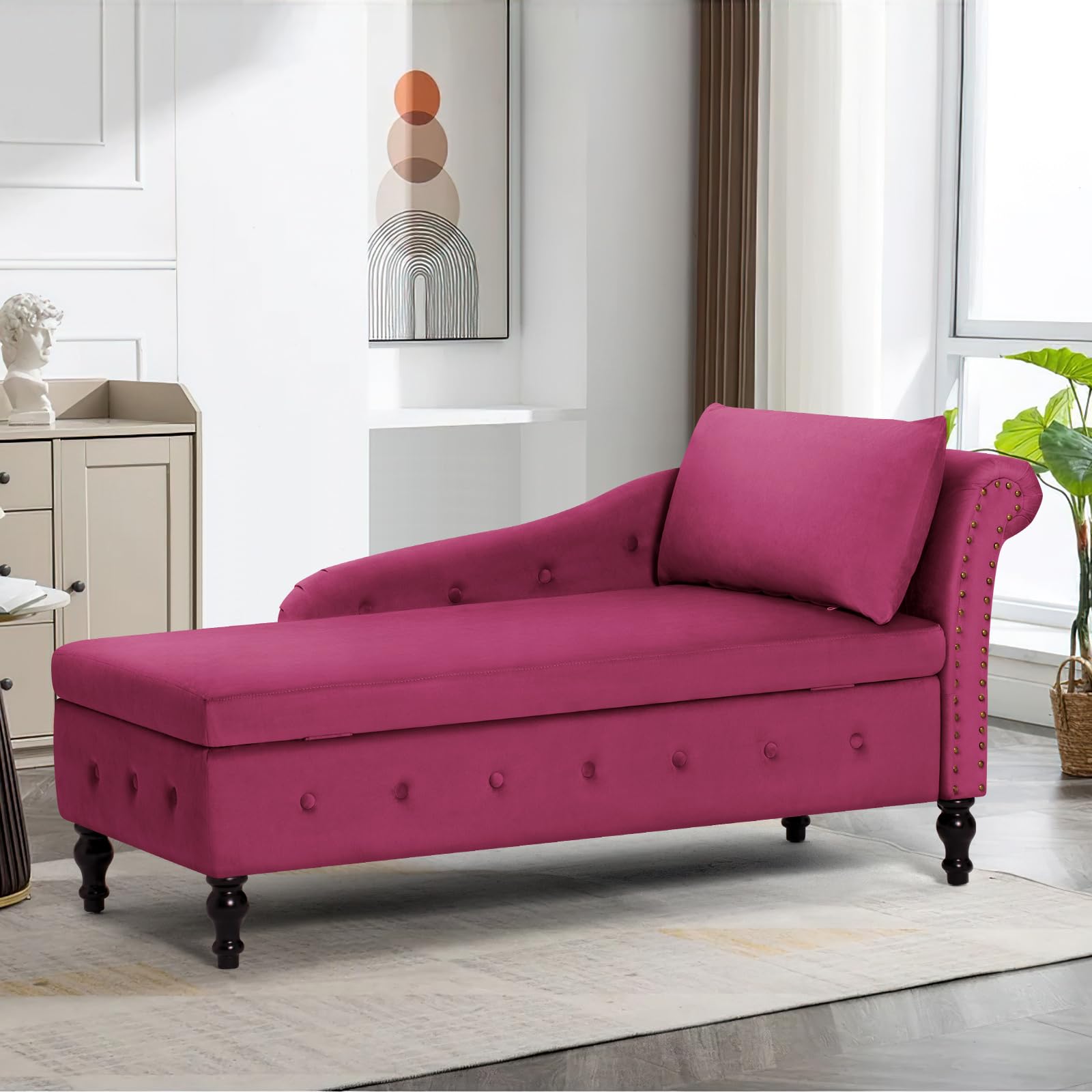 Upholstered Chaise Lounge with Right Armrest & Lumbar Pillow,Button Tufted Lounge Sofa with Storage,Lounge Chair Indoor,Modern Velvet Lounge Chair for Bedroom, Living Room and Office,Fuchsia