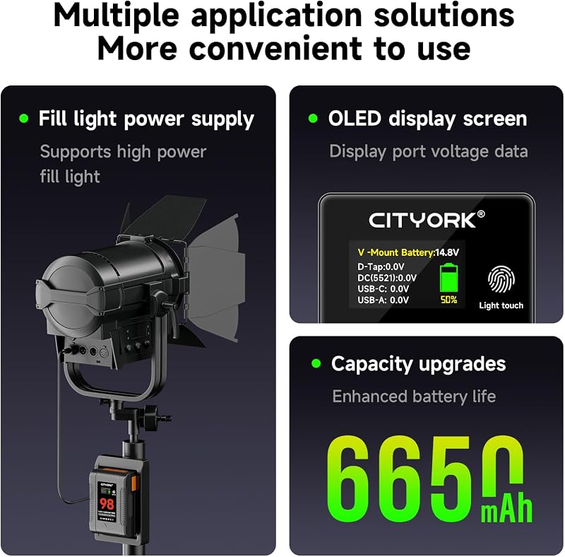 CITYORK V Mount 6650mAh 98Wh Akkumulátor OLED Kijelzővel D-TAP USB Kimenettel